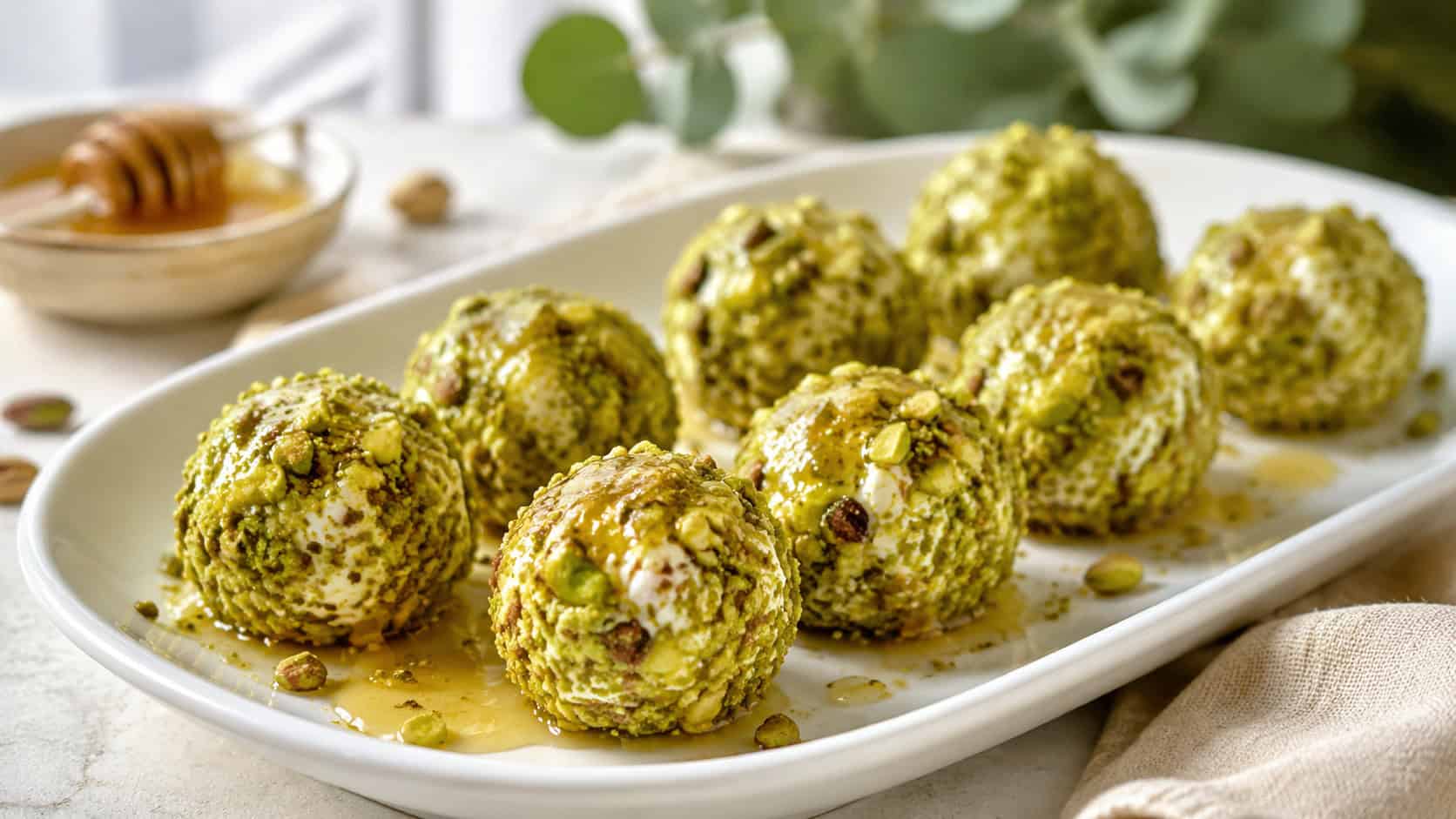 bright green pistachio-crusted goat cheese balls drizzled with honey on a white serving plate, in a wide horizontal shot on a light table, natural light, shallow depth of field, landscape orientation