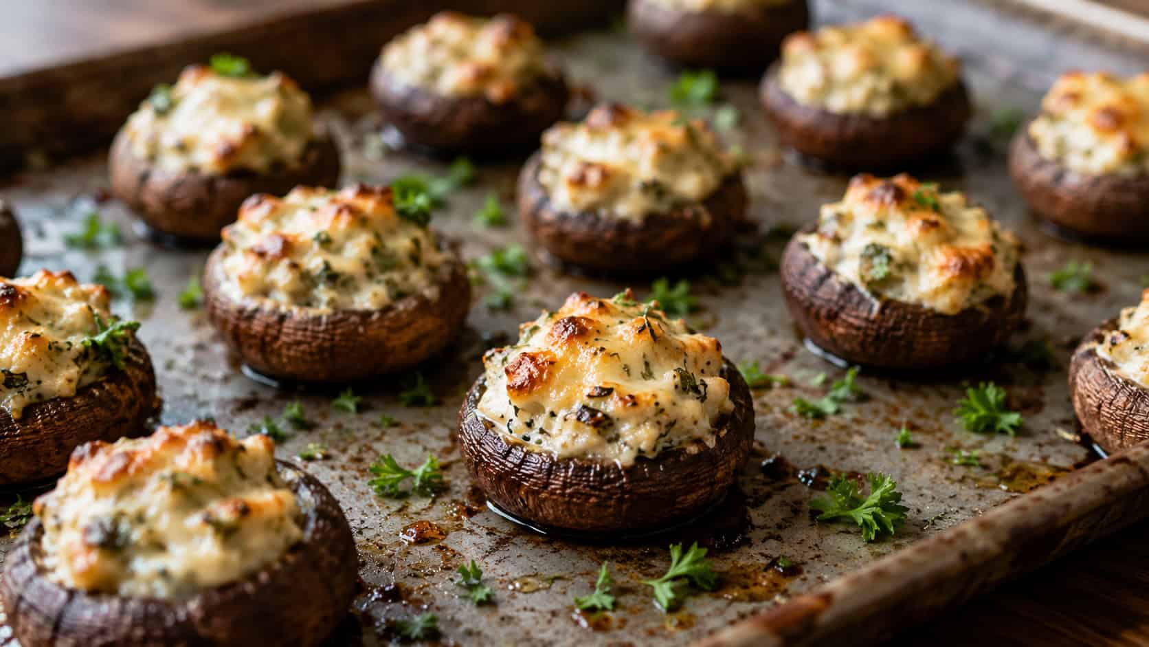golden goat cheese stuffed mushrooms with bubbling herby filling on a baking sheet sprinkled with parsley, in a wide horizontal shot, natural light, shallow depth of field, landscape orientation