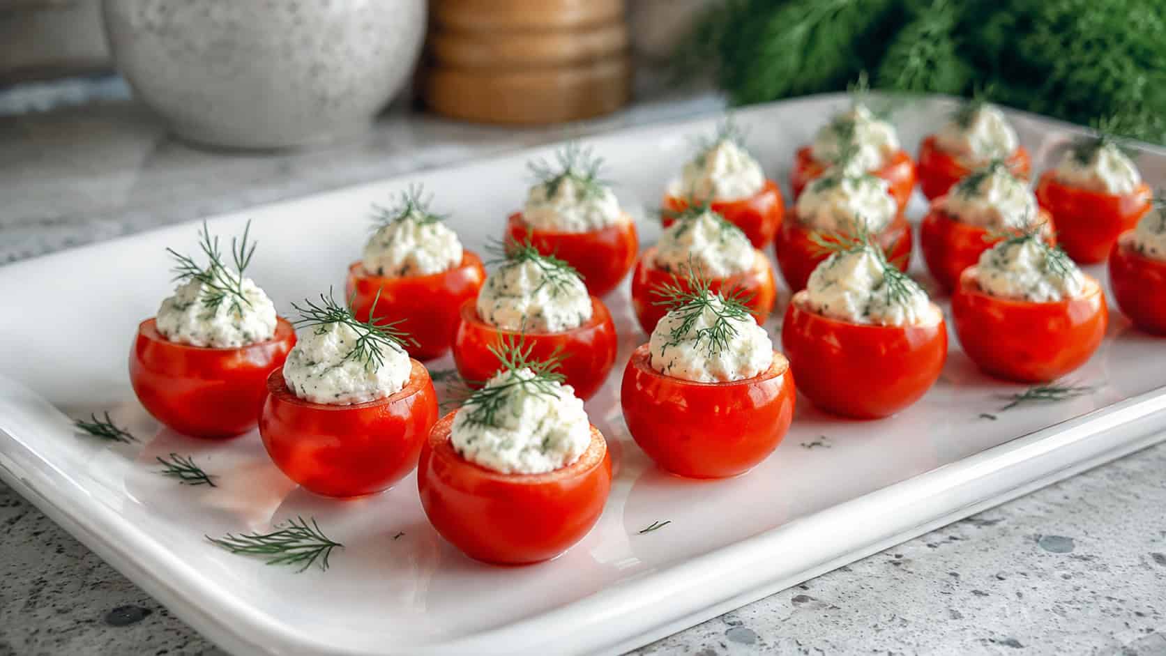 cherry tomatoes piped full of creamy herbed goat cheese garnished with dill on a white platter, in a wide horizontal shot on a kitchen counter, natural light, shallow depth of field, landscape orientation