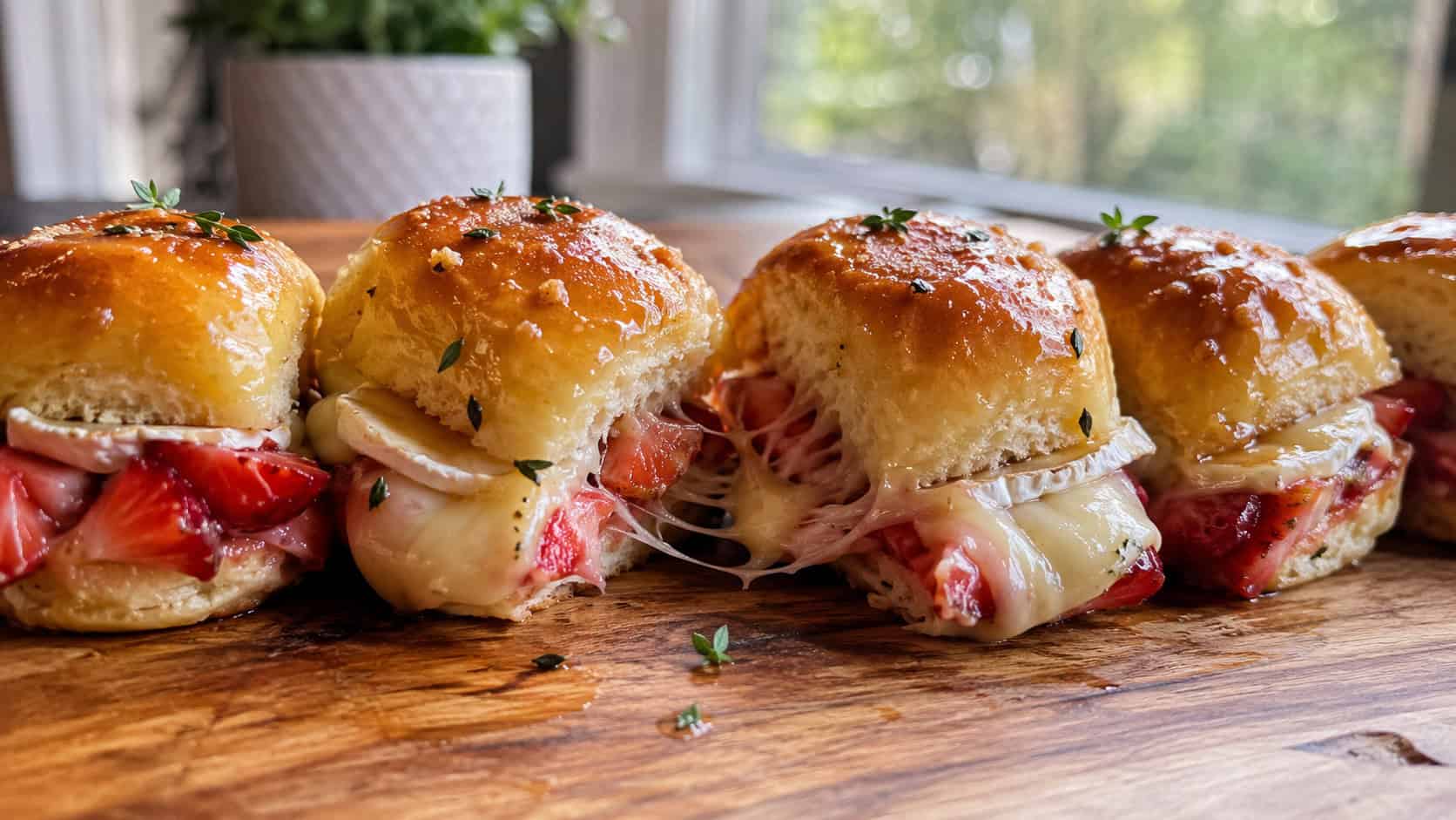 golden strawberry brie sliders pulled apart to show melting cheese and strawberries, arranged in a wide horizontal row on a wooden board, warm natural light, shallow depth of field, landscape orientation