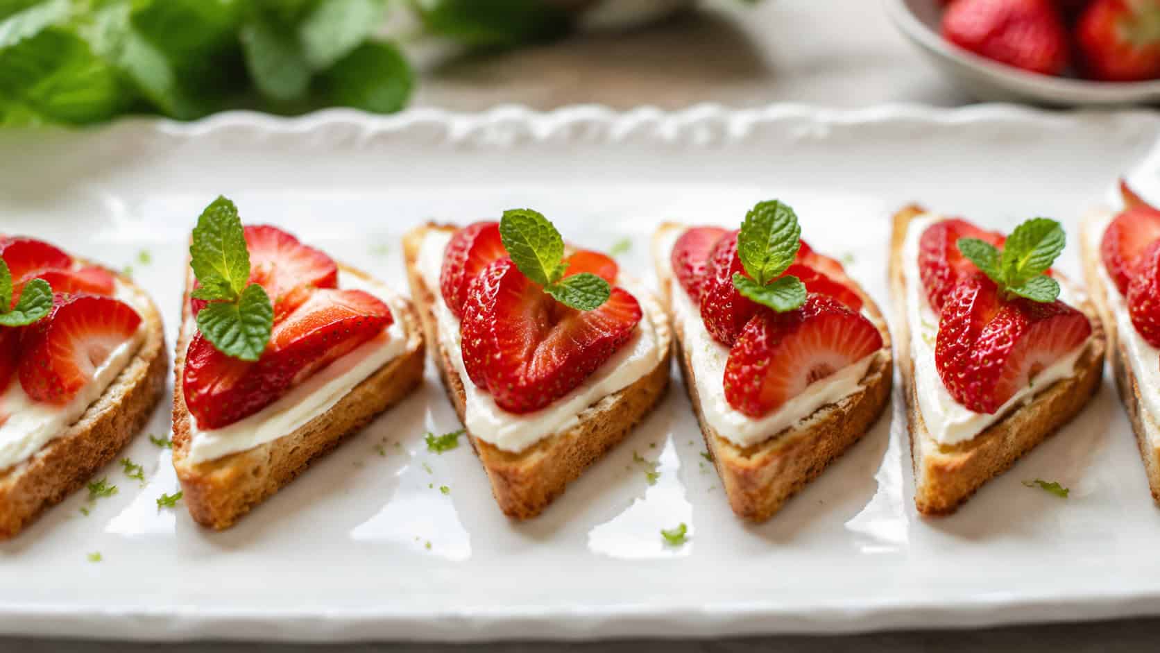 strawberry mint canapés on crisp toast triangles with creamy spread and fresh mint, arranged in a wide horizontal row on an elegant white platter, bright natural light, shallow depth of field, landscape orientation