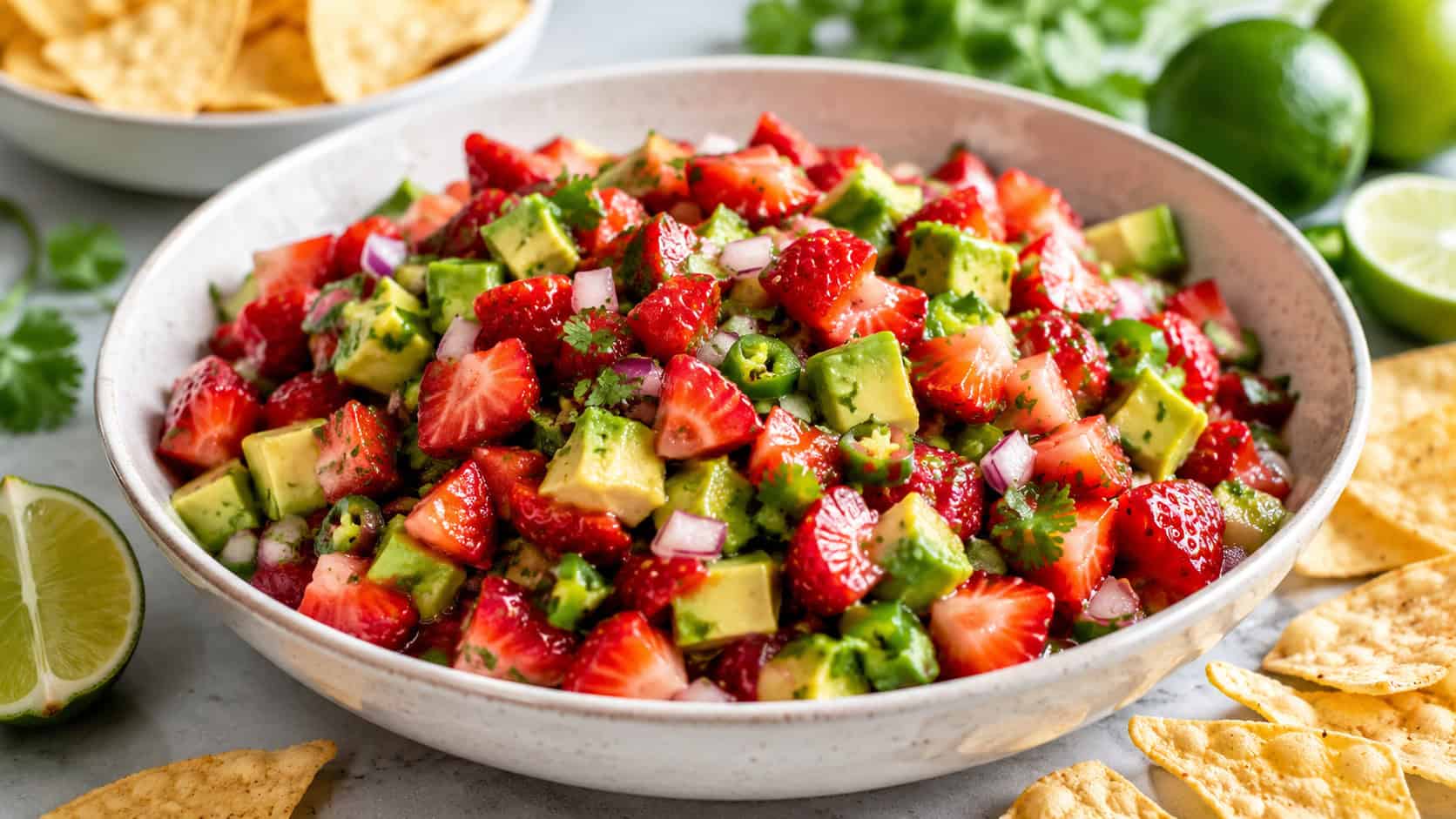 a bowl of colorful strawberry avocado salsa with chunks of red and green, in a wide horizontal shot on a bright table surrounded by tortilla chips and lime wedges, natural daylight, shallow depth of field, landscape orientation
