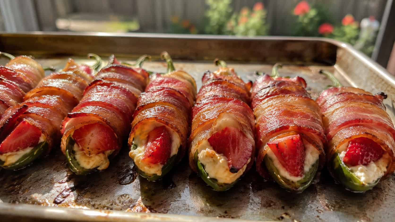 bacon-wrapped strawberry jalapeño poppers with golden crisp bacon, arranged in a wide horizontal row on a sheet pan, glistening and fresh from the oven, warm natural light, shallow depth of field, landscape orientation