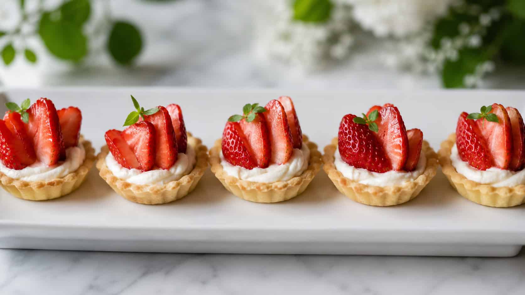 mini ricotta tartlets topped with fanned strawberry slices, arranged in a wide horizontal row on a white dessert platter, delicate and fresh, bright natural light, shallow depth of field, landscape orientation