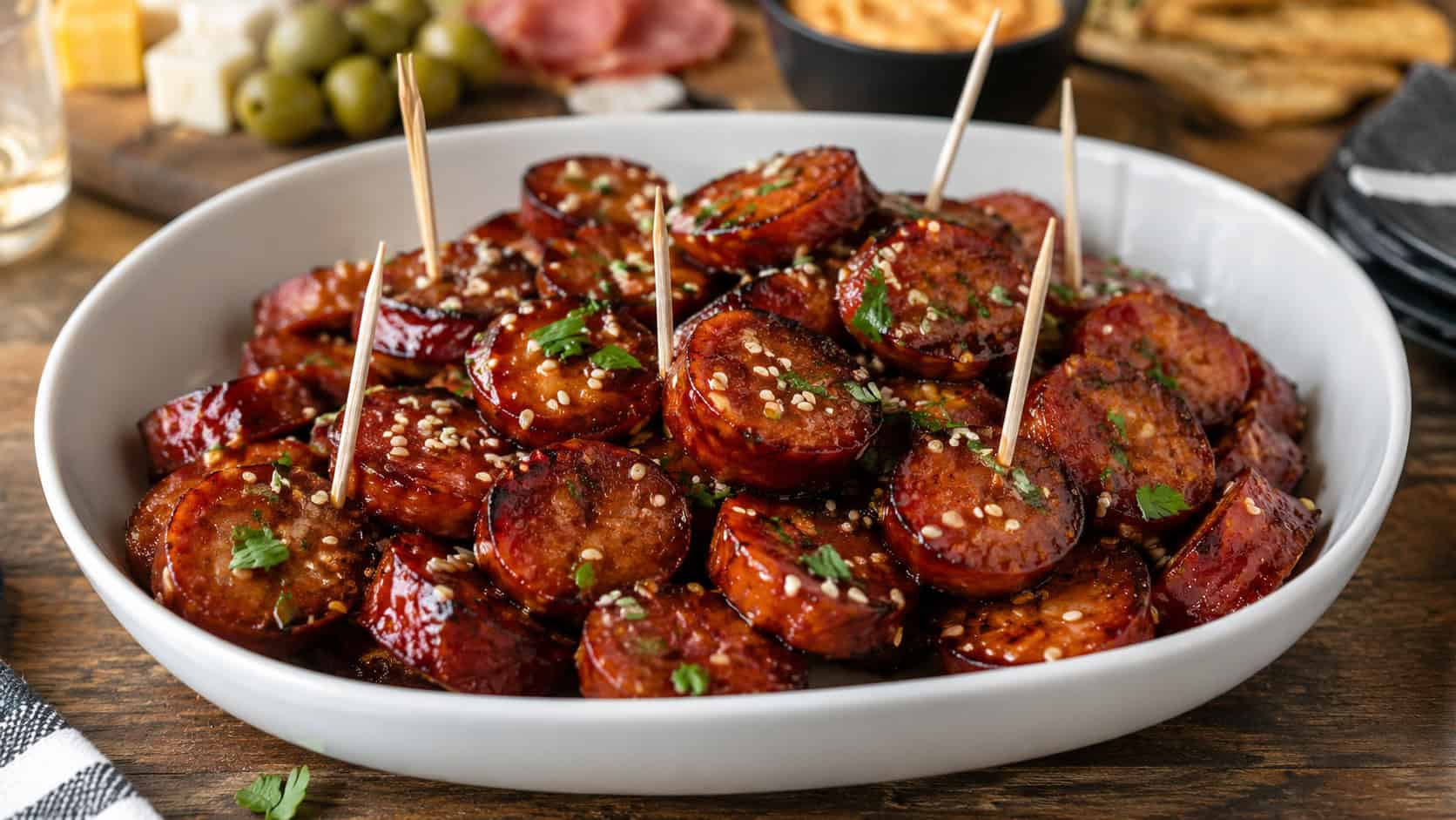 glossy honey-garlic glazed smoked sausage coins piled in a white serving bowl with toothpicks, in a wide horizontal shot, scattered sesame seeds and parsley, on a rustic wood party table, natural light, shallow depth of field, landscape orientation