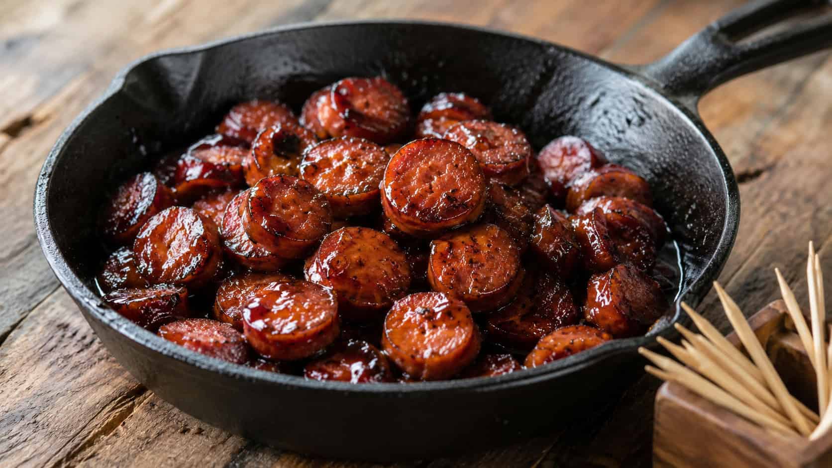 sticky caramelized brown sugar smoked sausage coins glistening in a cast iron skillet, in a wide horizontal shot, toothpicks set beside it, on a rustic wood table, natural light, shallow depth of field, landscape orientation