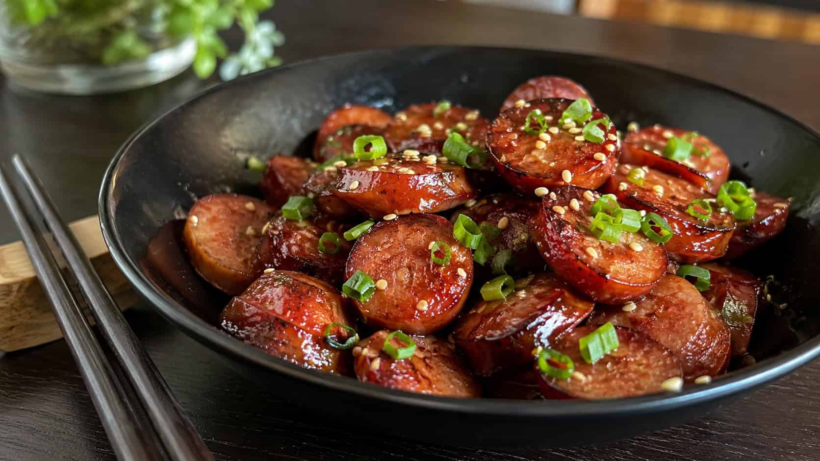 glossy teriyaki-glazed smoked sausage slices sprinkled with sesame seeds and green onion in a black bowl, in a wide horizontal shot, chopsticks resting alongside, on a dark table, natural light, shallow depth of field, landscape orientation