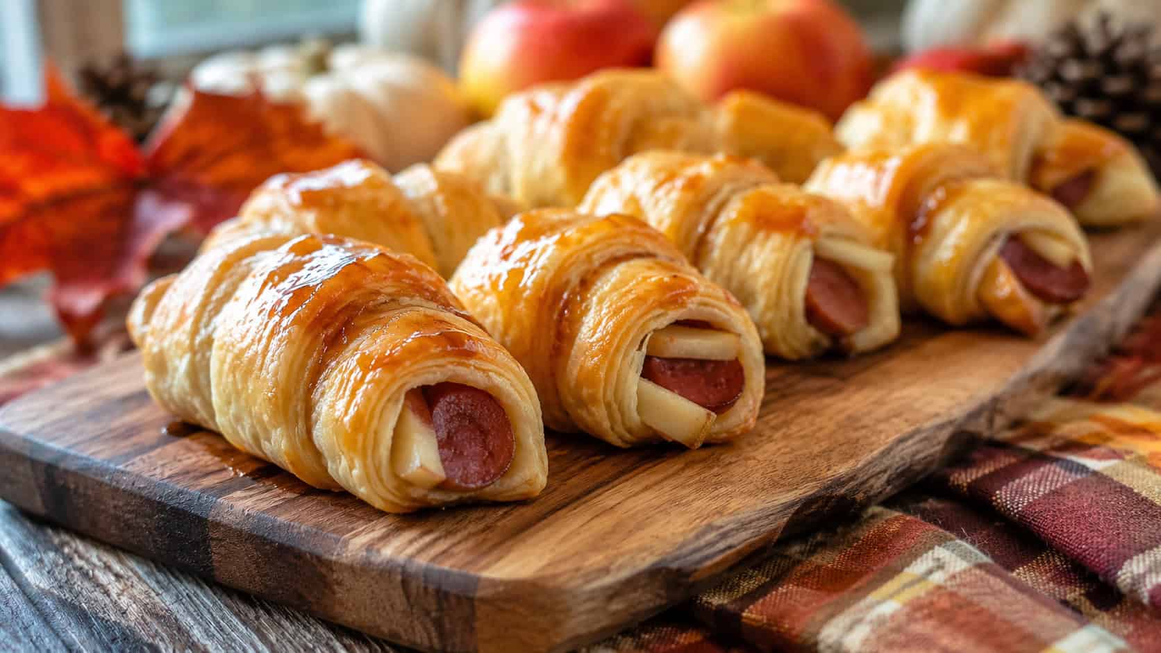 golden crescent rolls wrapped around smoked sausage and apple on a wooden board, in a wide horizontal shot, flaky layers and a light glaze visible, on a cozy autumn table, natural light, shallow depth of field, landscape orientation