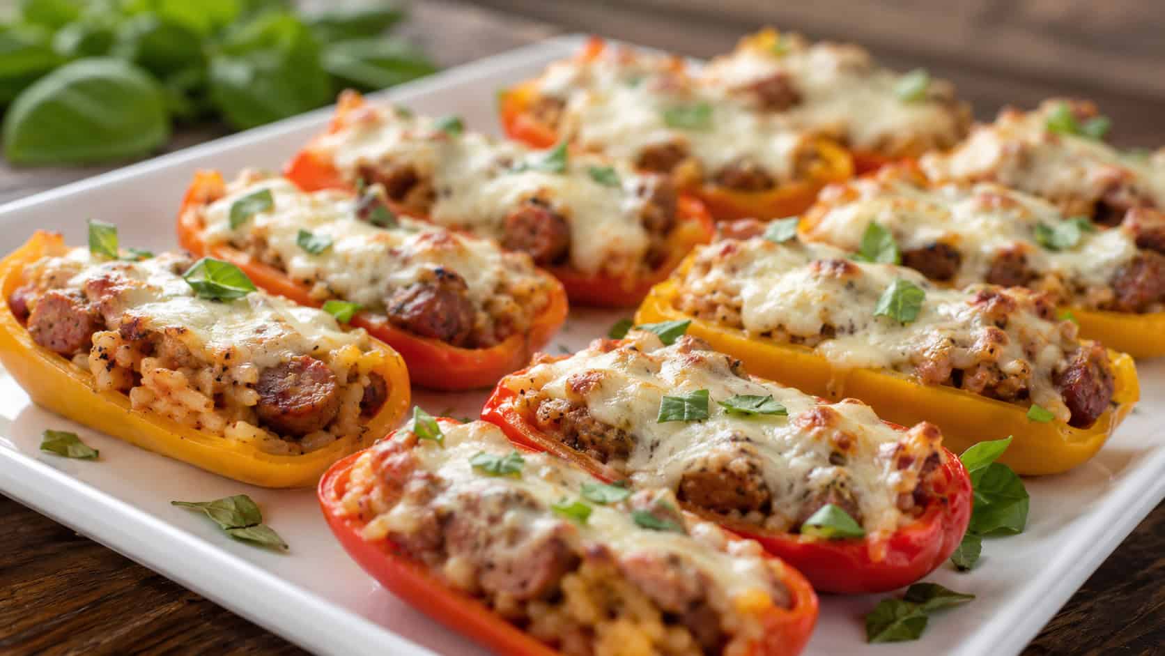 colorful mini bell pepper boats stuffed with smoked sausage and rice, topped with bubbly melted mozzarella, on a white platter in a wide horizontal shot, fresh basil scattered around, natural light, shallow depth of field, landscape orientation