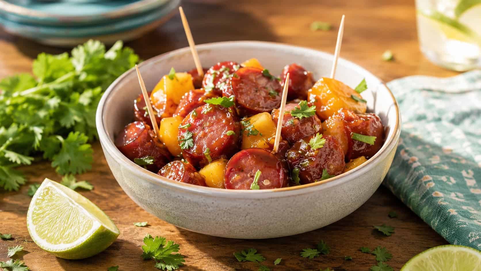 glossy peach-mango glazed smoked sausage bites in a bright ceramic bowl with toothpicks, in a wide horizontal shot, lime wedges and cilantro scattered around, on a sunny summer table, natural light, shallow depth of field, landscape orientation