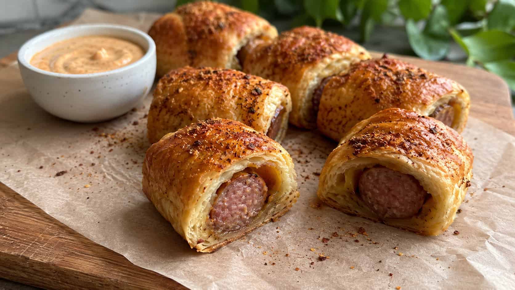 golden flaky puff pastry smoked sausage rolls dusted with Cajun spice, halved to show the sausage center, on a parchment-lined wooden board in a wide horizontal shot, small bowl of dipping sauce, natural light, shallow depth of field, landscape orientation
