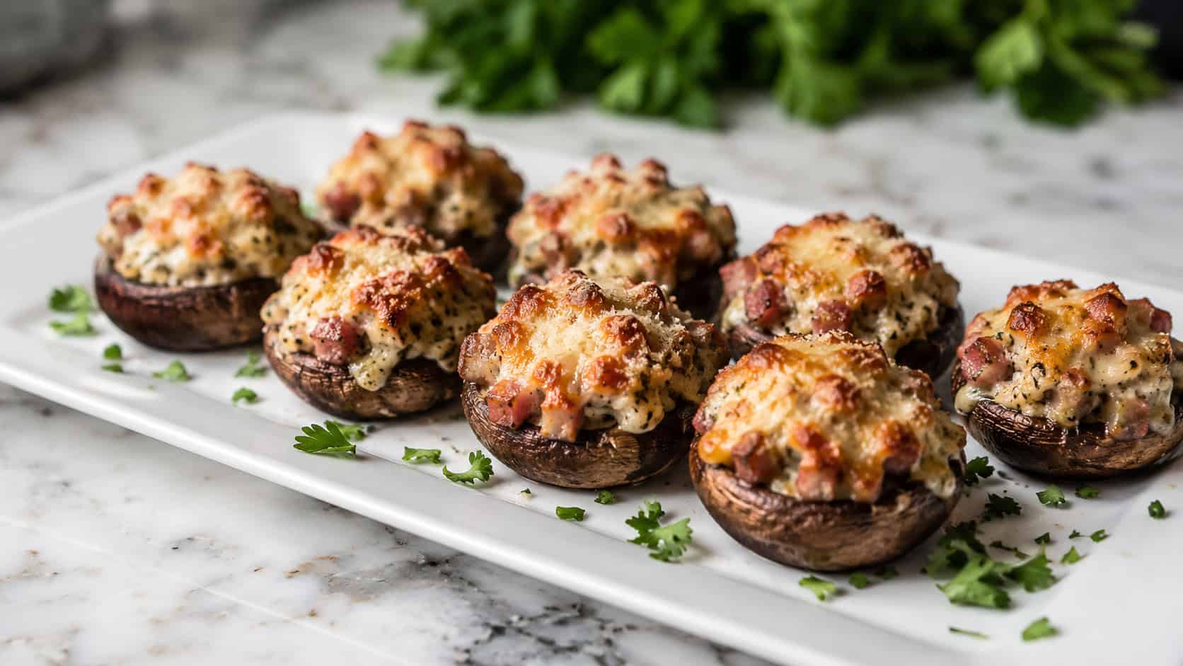 golden-topped smoked sausage stuffed mushrooms with melted Parmesan crust on a white platter, in a wide horizontal shot, fresh parsley scattered around, on a marble counter, natural light, shallow depth of field, landscape orientation