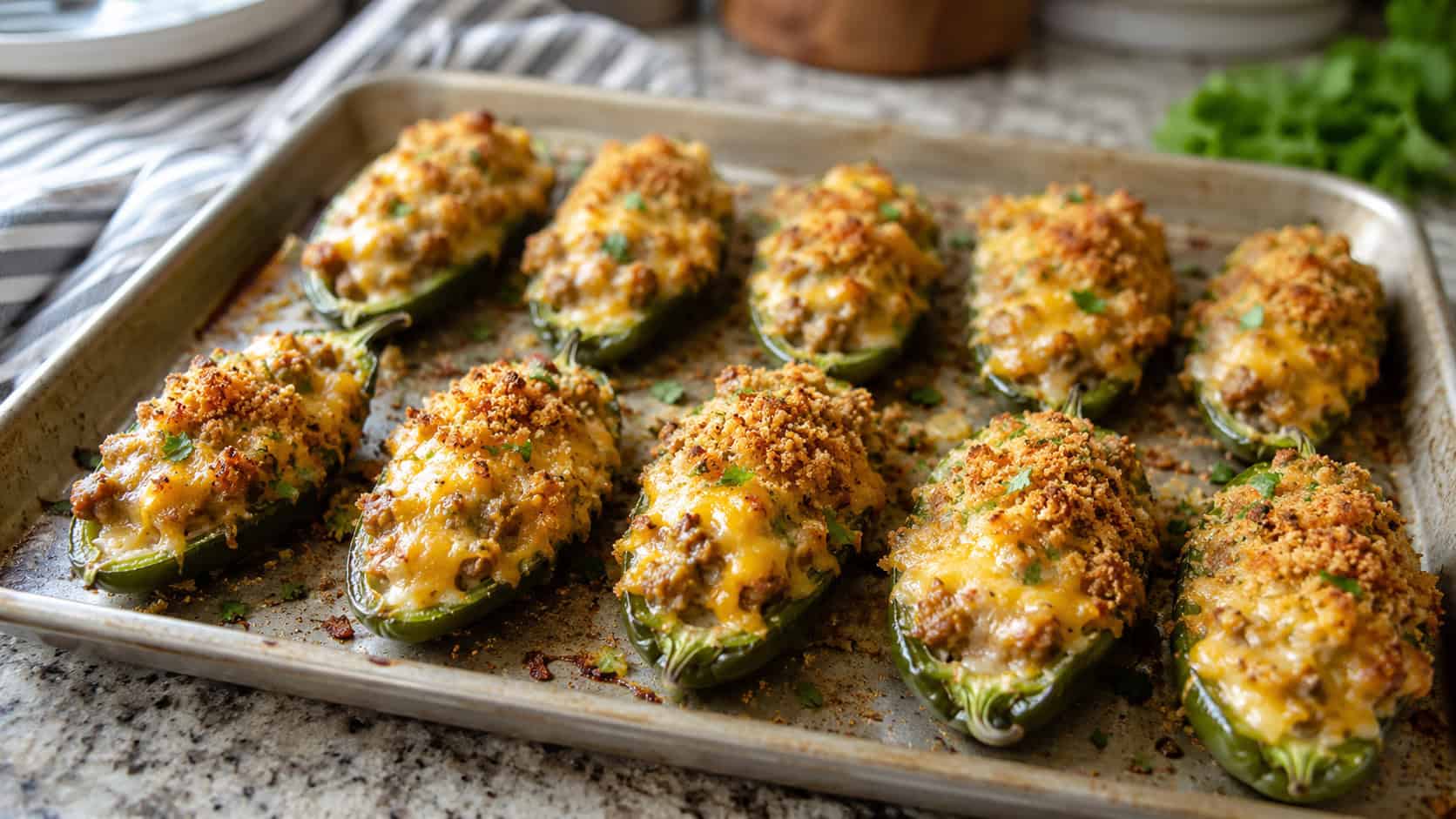 bubbly cheese-topped sausage jalapeño poppers lined up on a baking sheet, in a wide horizontal shot, crisp golden breadcrumb tops, on a kitchen counter with a striped towel, natural light, shallow depth of field, landscape orientation