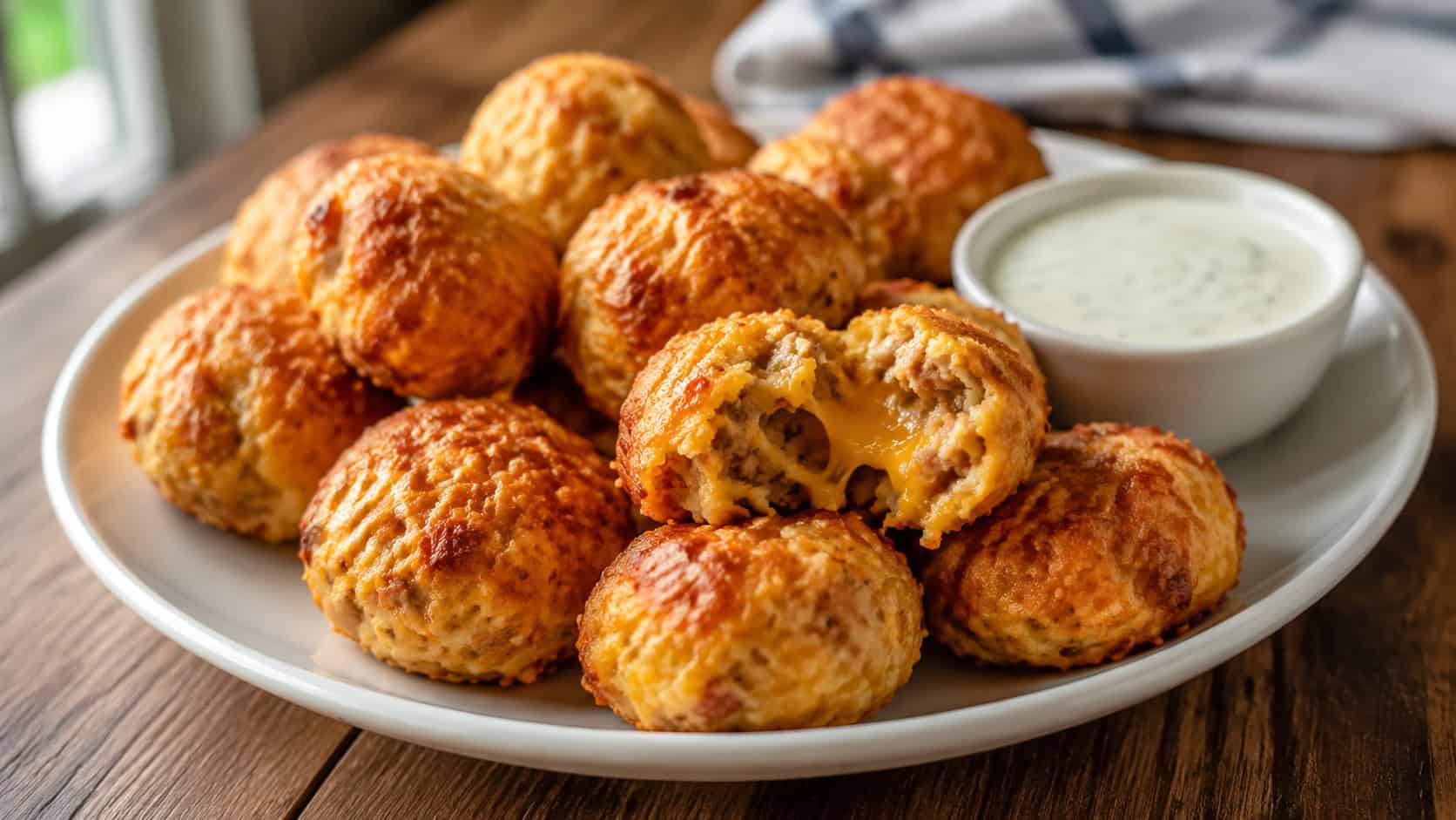 golden baked sausage cheese balls piled on a white plate with a small bowl of ranch, in a wide horizontal shot, one ball broken open to show the cheesy interior, on a wood table, natural light, shallow depth of field, landscape orientation