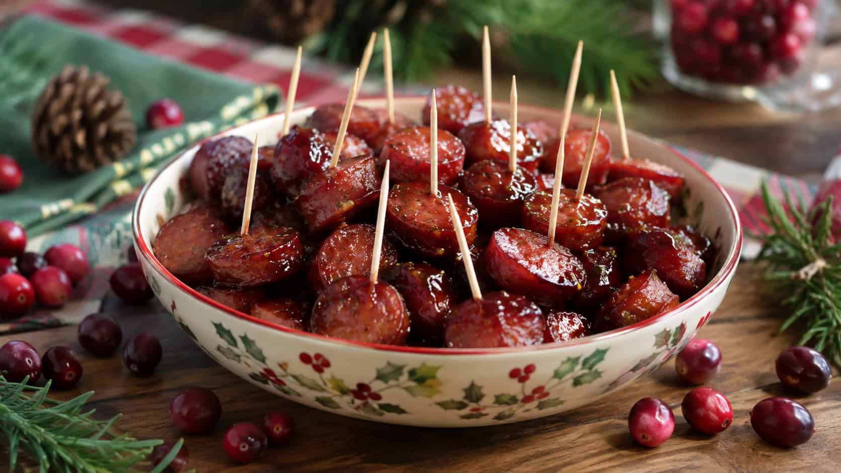 glossy cranberry-glazed smoked sausage bites in a festive ceramic bowl with toothpicks, in a wide horizontal shot, fresh cranberries and rosemary scattered around, on a holiday table, natural light, shallow depth of field, landscape orientation