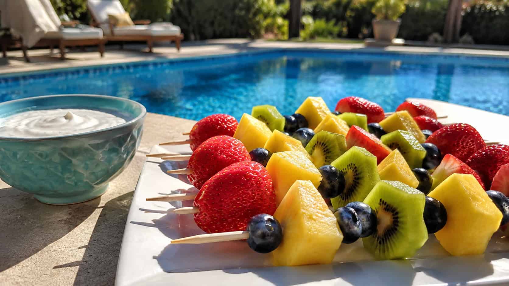 colorful fruit kabobs with pineapple, kiwi, strawberries and blueberries beside a bowl of creamy dip, in a wide horizontal shot on a sunny poolside table, natural light, shallow depth of field, landscape orientation