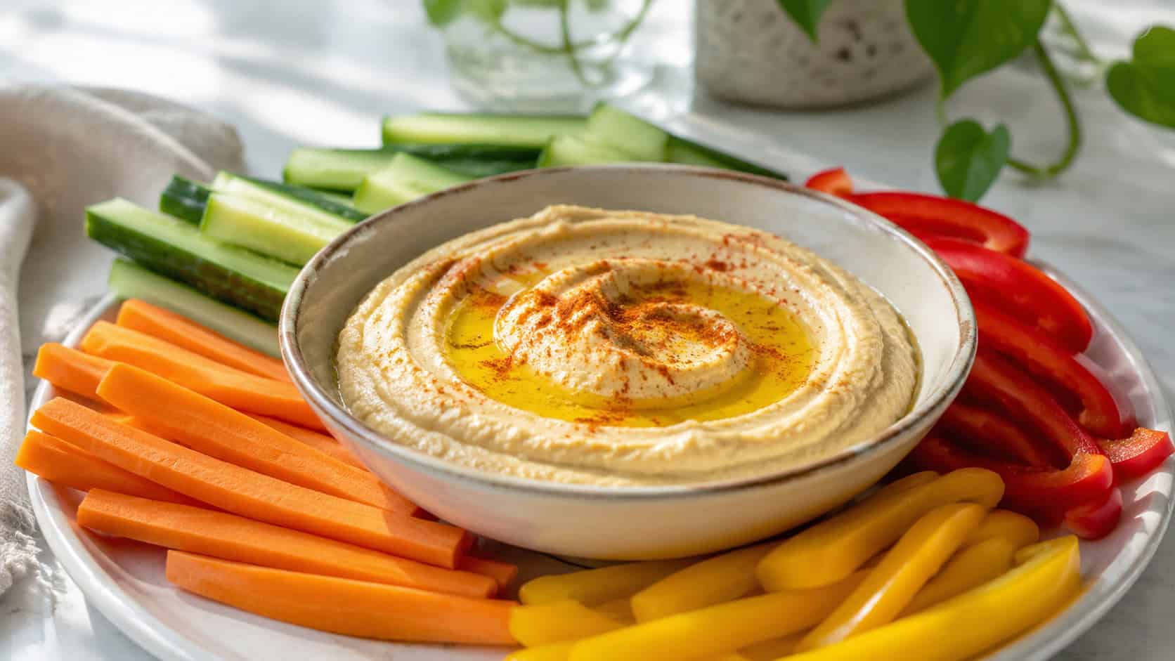 a bowl of creamy swirled hummus drizzled with olive oil surrounded by colorful carrot, cucumber and pepper sticks, in a wide horizontal shot on a bright table, natural light, shallow depth of field, landscape orientation