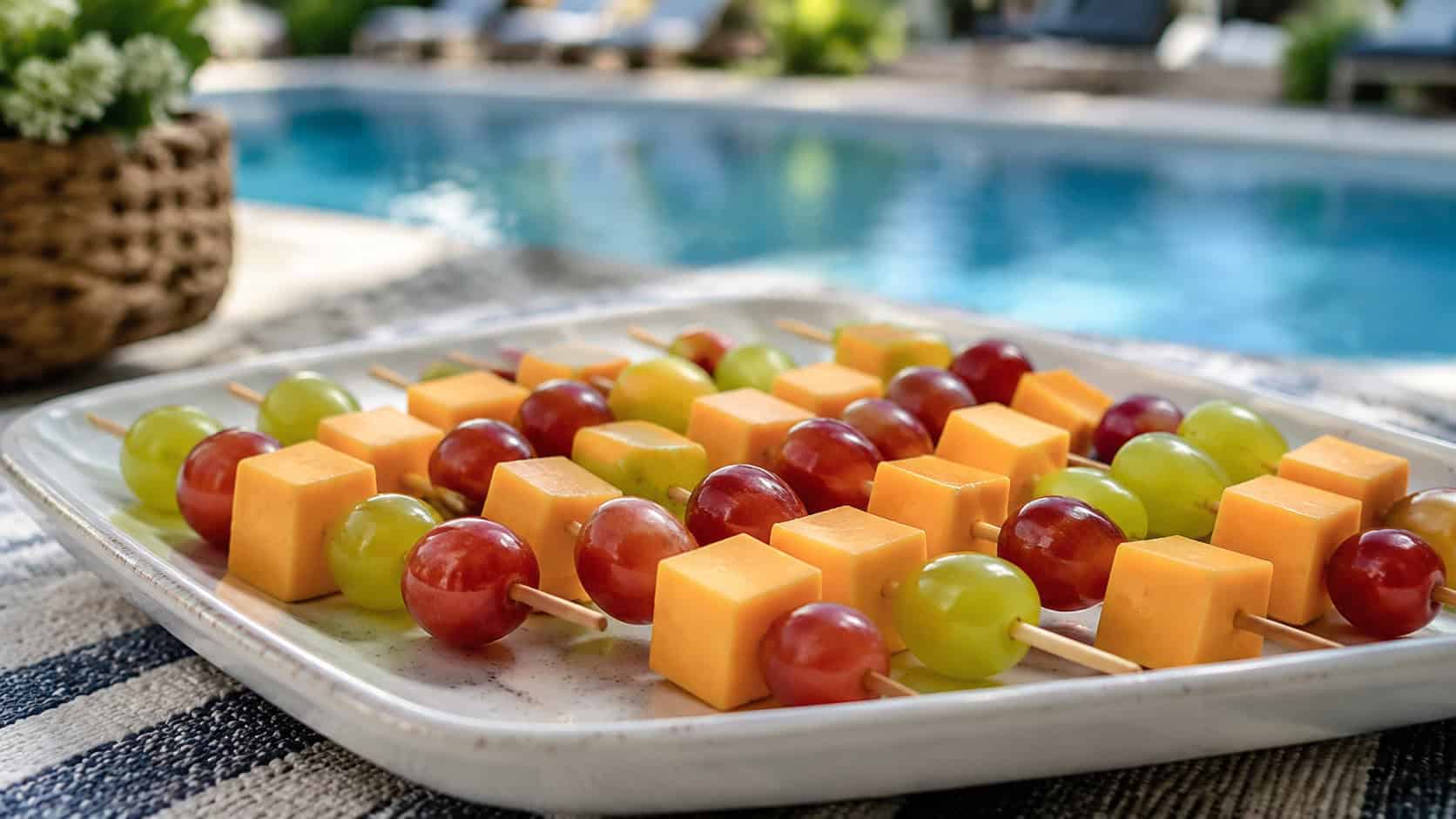 mini kebabs of green and red grapes alternating with golden cheese cubes on a platter, in a wide horizontal shot on a bright poolside table, natural light, shallow depth of field, landscape orientation