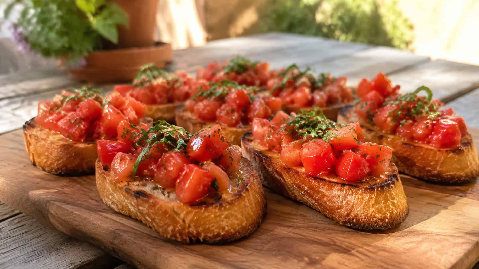 crusty toasted baguette slices piled with diced red tomatoes and green basil, arranged on a wooden board, in a wide horizontal shot on a sunny patio table, natural light, shallow depth of field, landscape orientation