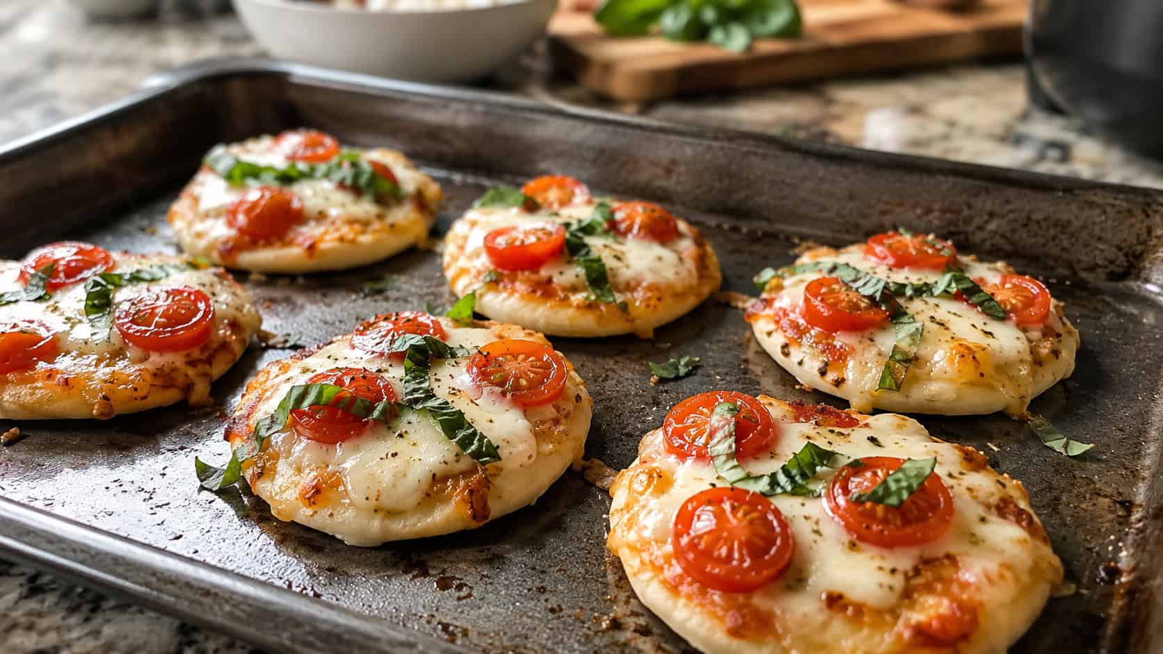 mini caprese pizzas with melted cheese, red tomato halves and fresh basil on a baking sheet, in a wide horizontal shot on a kitchen counter, natural light, shallow depth of field, landscape orientation