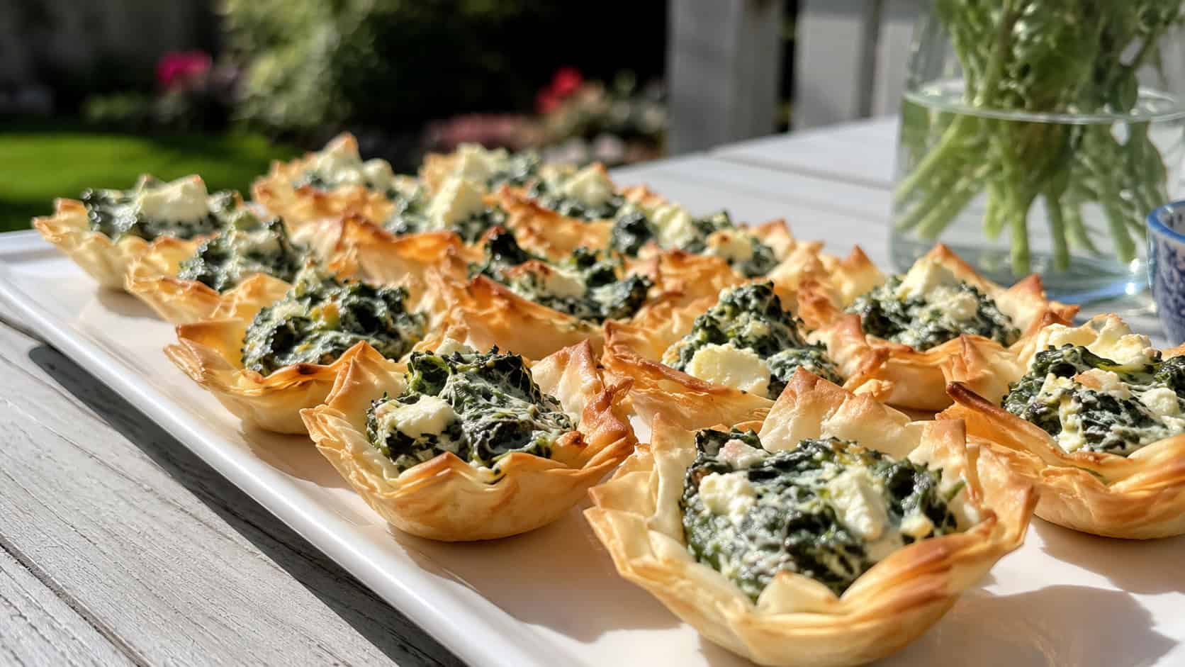 golden flaky phyllo cups filled with green spinach and white feta arranged on a platter, in a wide horizontal shot on a sunny outdoor table, natural light, shallow depth of field, landscape orientation