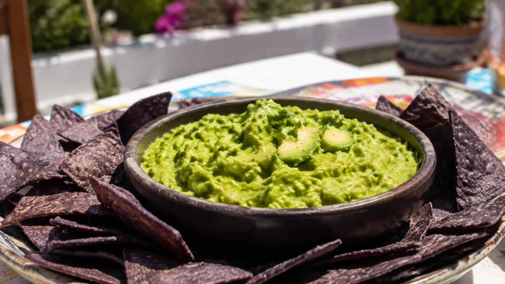 a bowl of chunky green guacamole flecked with cilantro surrounded by deep blue corn tortilla chips, in a wide horizontal shot on a bright outdoor table, natural light, shallow depth of field, landscape orientation