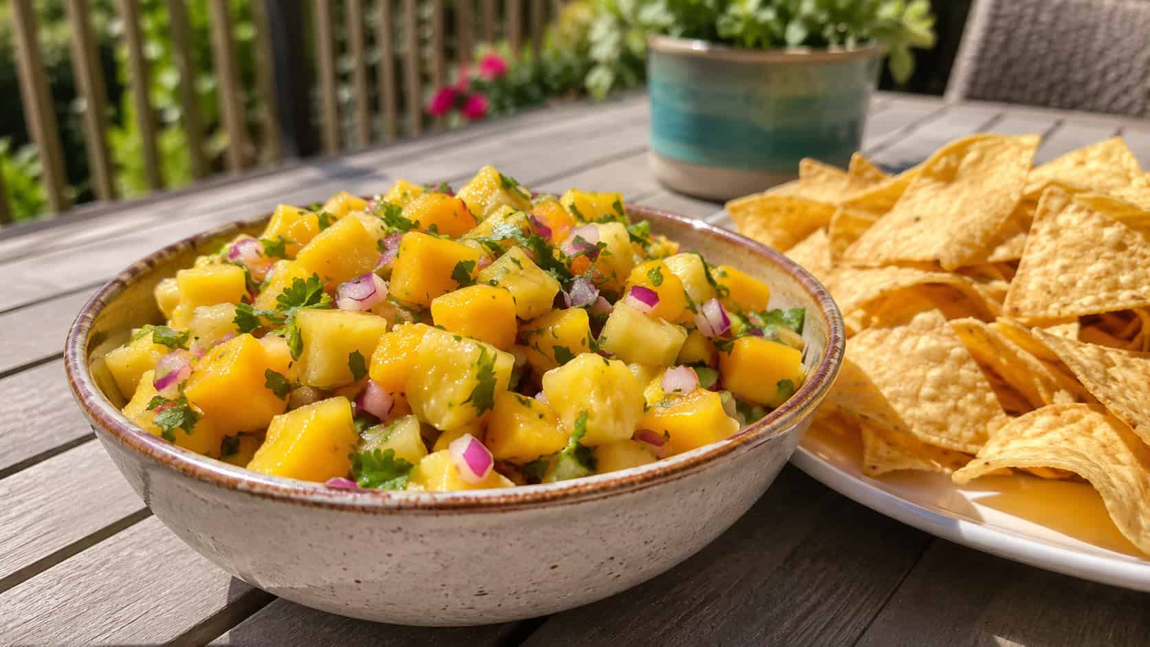 a vibrant bowl of mango and pineapple salsa flecked with red onion and cilantro, in a wide horizontal shot on a sunny patio table with chips alongside, natural light, shallow depth of field, landscape orientation