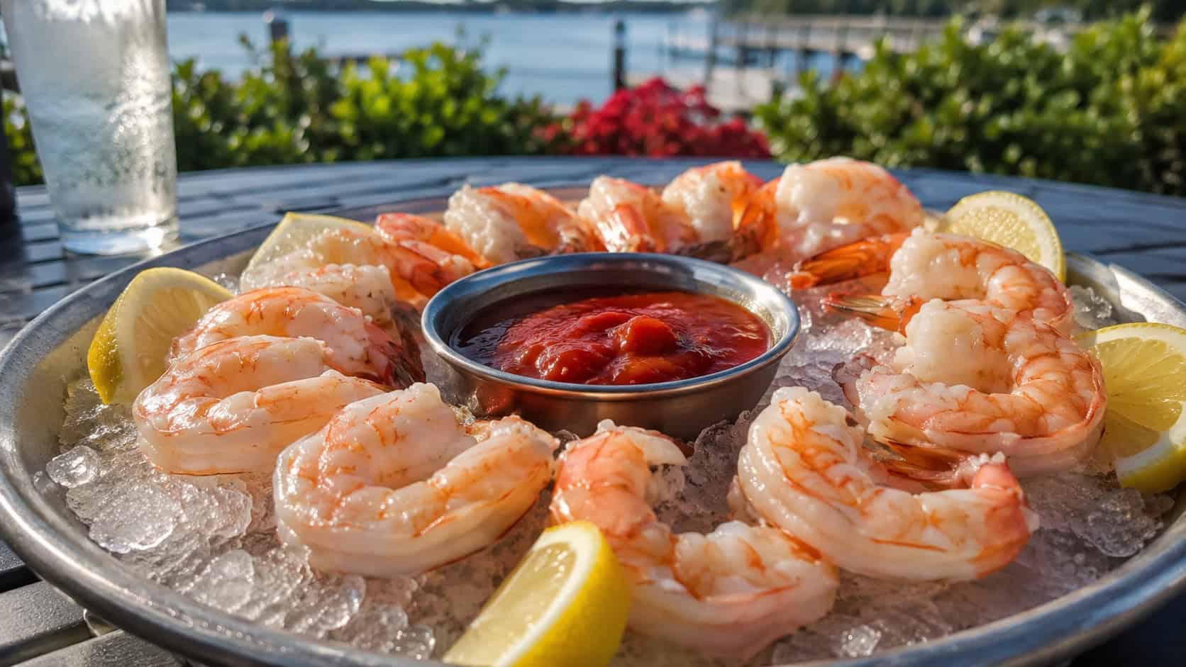 chilled pink shrimp arranged around a bowl of red cocktail sauce over crushed ice with lemon wedges, in a wide horizontal shot on an outdoor table, natural light, shallow depth of field, landscape orientation