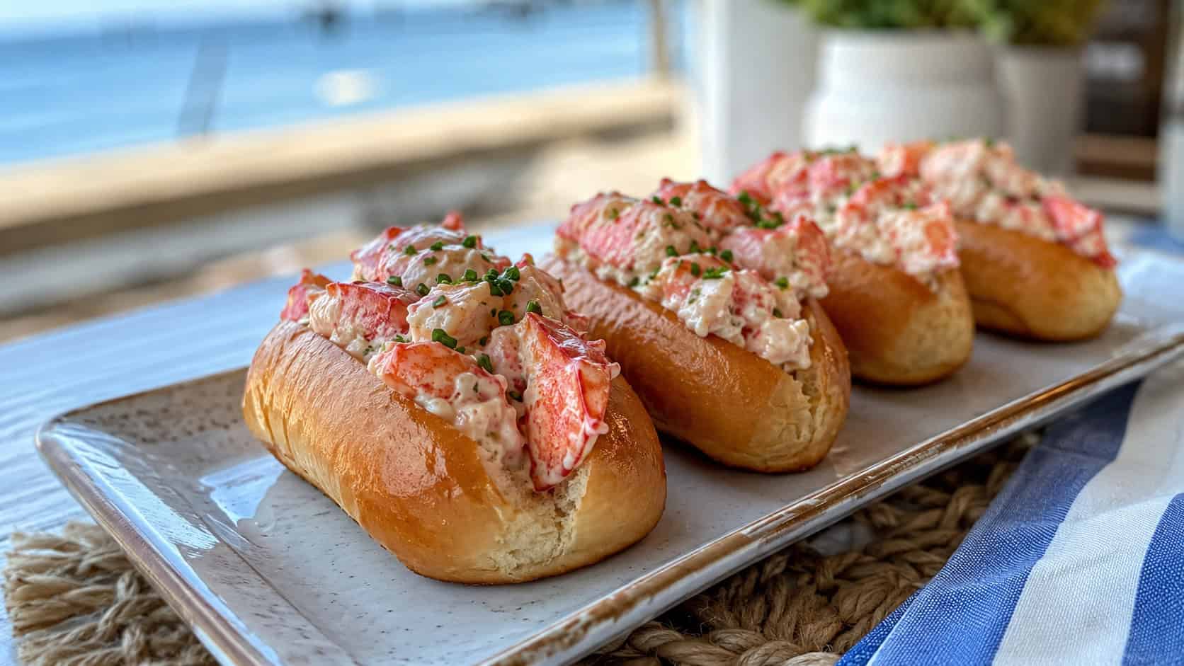 a row of mini lobster rolls in golden toasted buns overflowing with creamy lobster salad and chives, in a wide horizontal shot on a coastal-style platter, natural light, shallow depth of field, landscape orientation