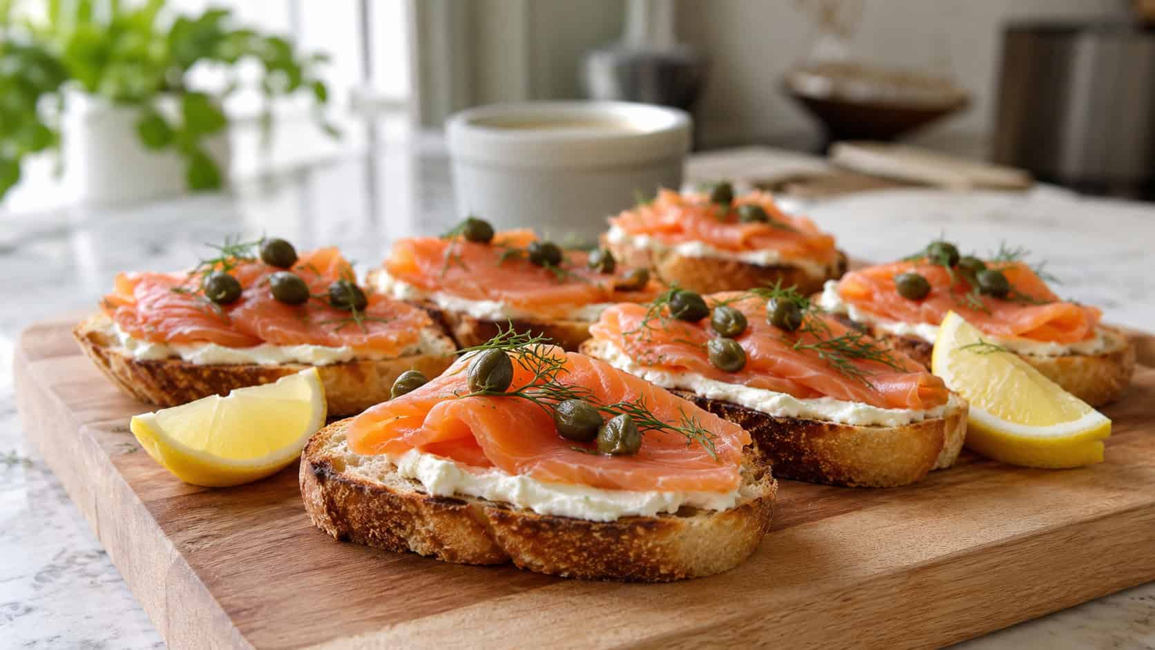 crispy crostini topped with cream cheese, smoked salmon, and capers in a wide horizontal shot, arranged on a wooden board with lemon wedges over a kitchen counter, bright natural light, shallow depth of field, landscape orientation