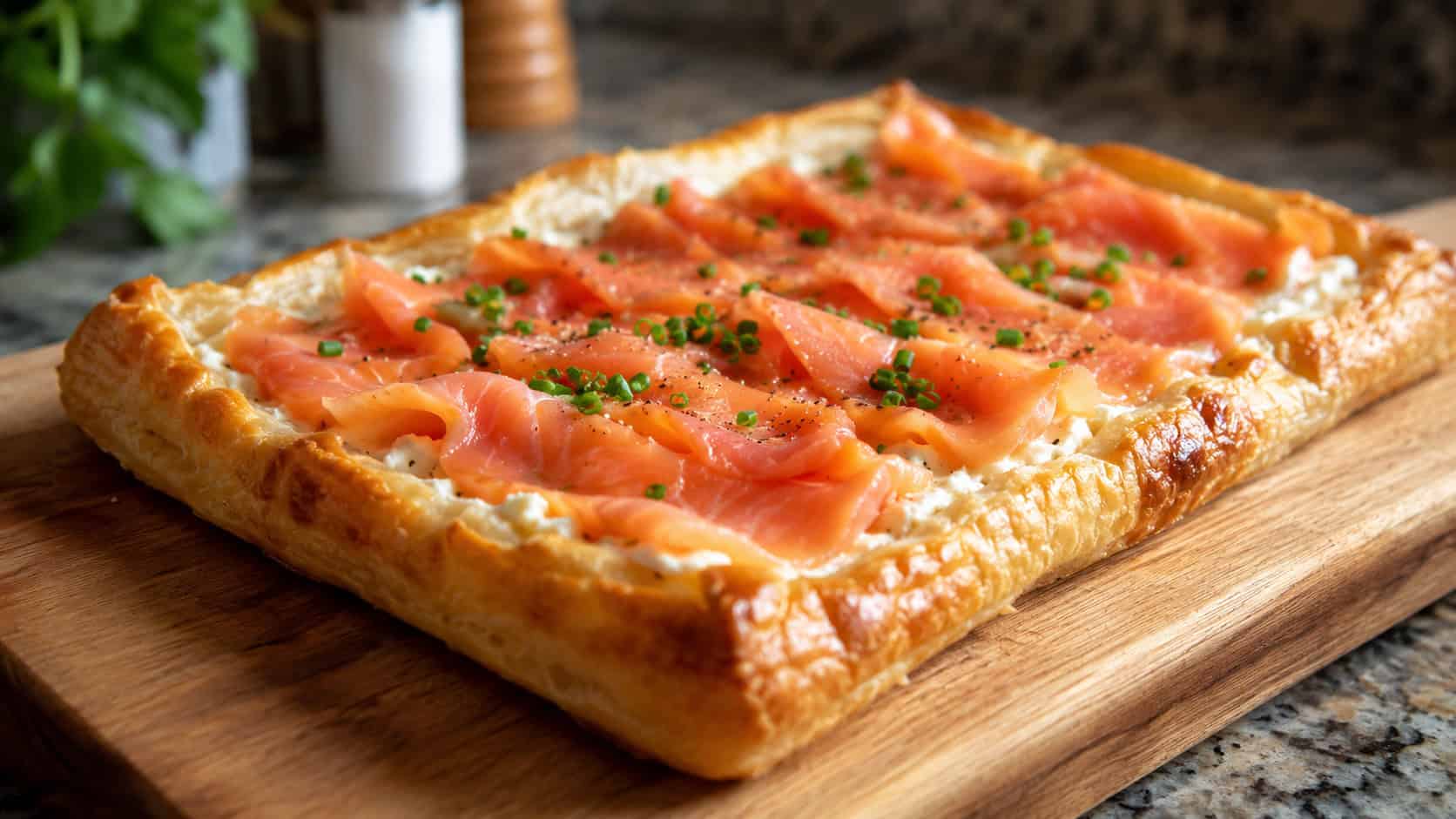 a golden puff pastry tart topped with creamy cheese, smoked salmon, and chives in a wide horizontal shot, on a wooden board over a kitchen counter, warm natural light, shallow depth of field, landscape orientation