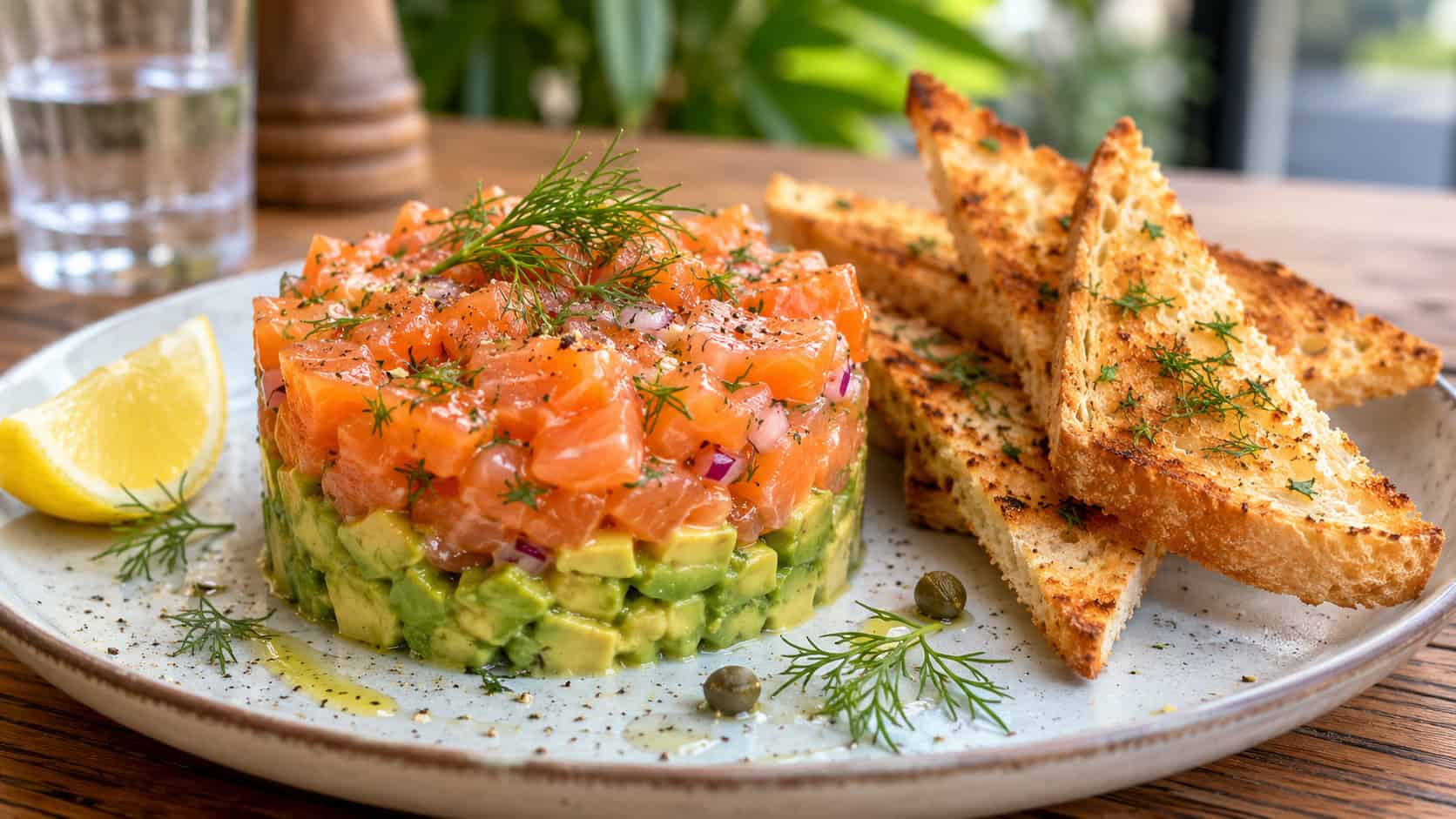 a neat stack of smoked salmon and avocado tartare flecked with dill in a wide horizontal shot, plated with crisp toast points over a wooden table, bright natural light, shallow depth of field, landscape orientation
