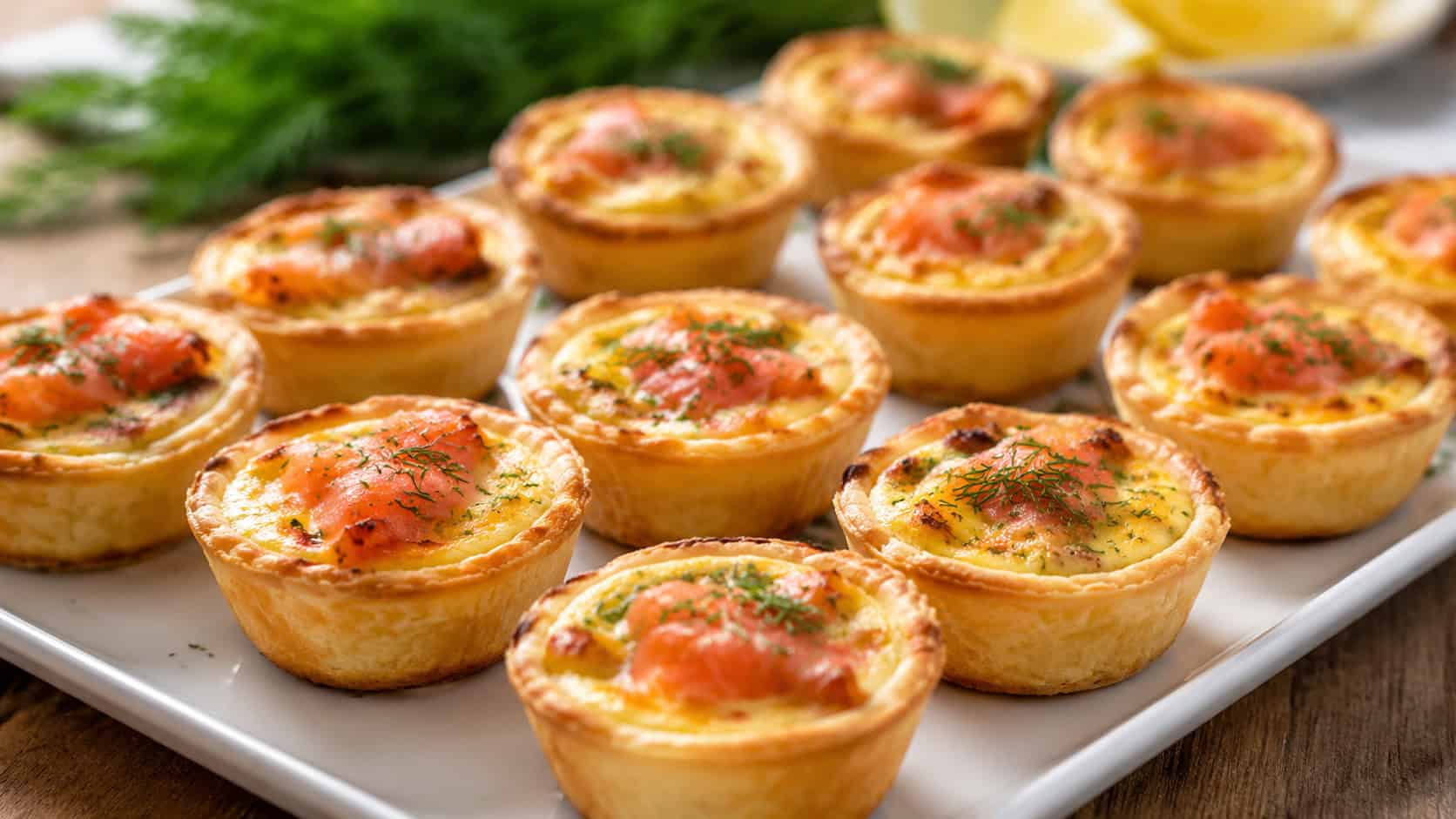 mini quiches with smoked salmon and golden custard tops in a wide horizontal shot, arranged on a white platter over a wooden table, bright natural light, shallow depth of field, landscape orientation