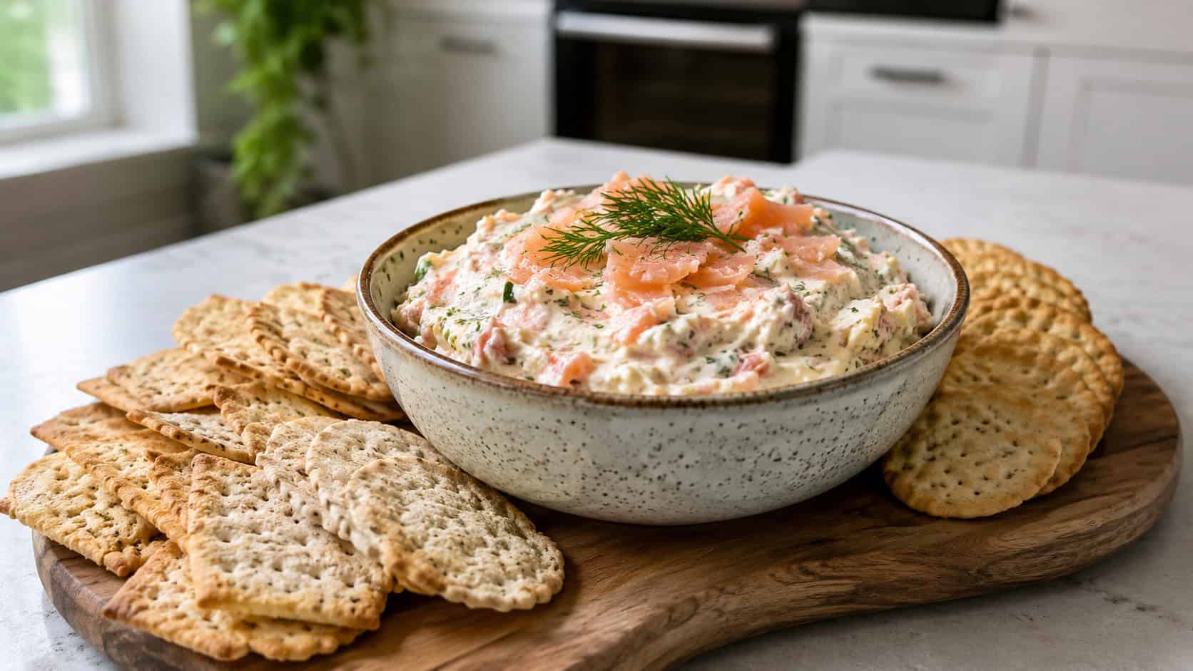 a creamy smoked salmon dip flecked with dill in a bowl with crackers in a wide horizontal shot, on a wooden board over a kitchen counter, bright natural light, shallow depth of field, landscape orientation