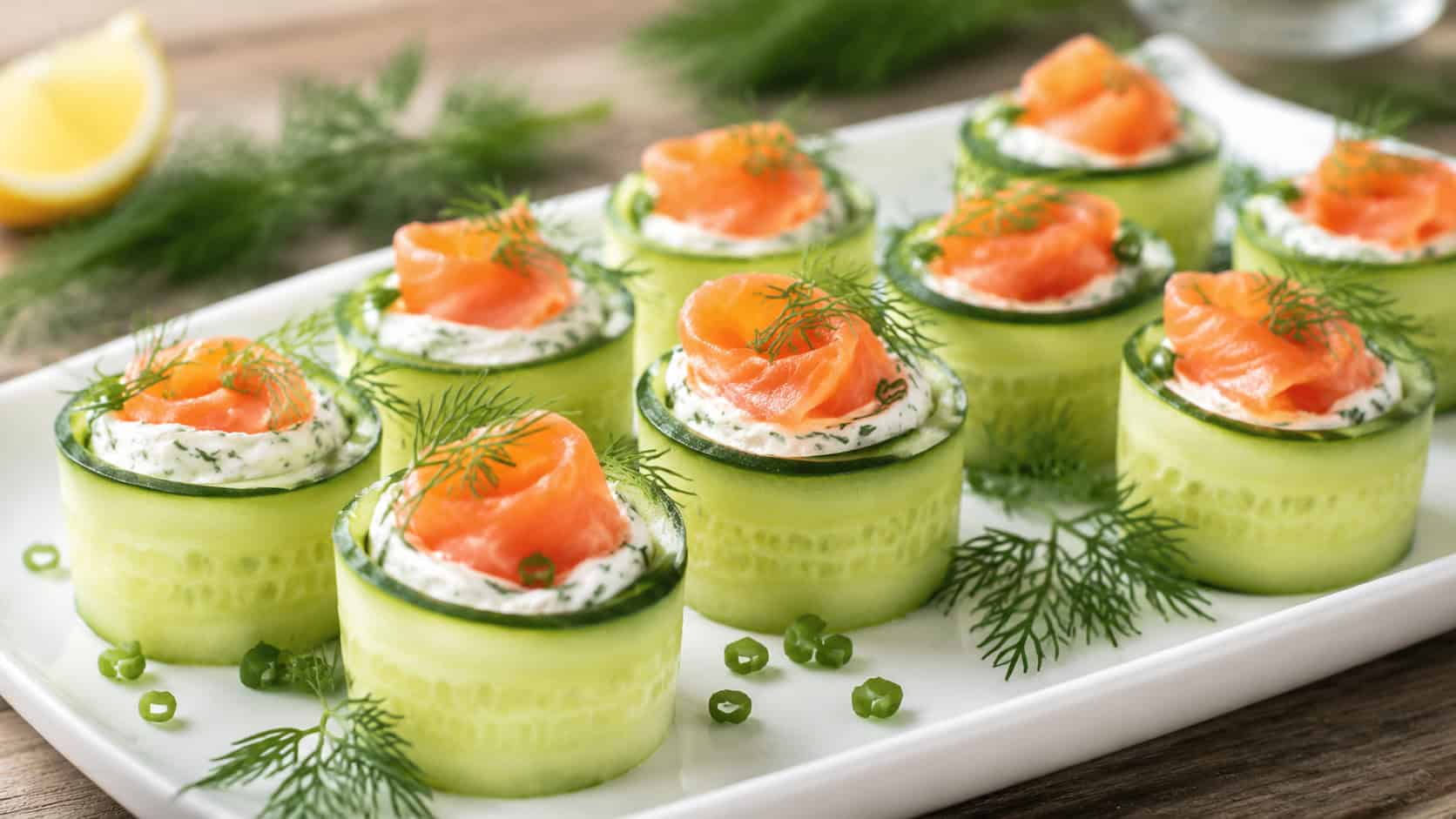 cucumber ribbon roll-ups filled with herbed cream cheese and smoked salmon in a wide horizontal shot, arranged on a white platter over a wooden table, bright fresh light, shallow depth of field, landscape orientation