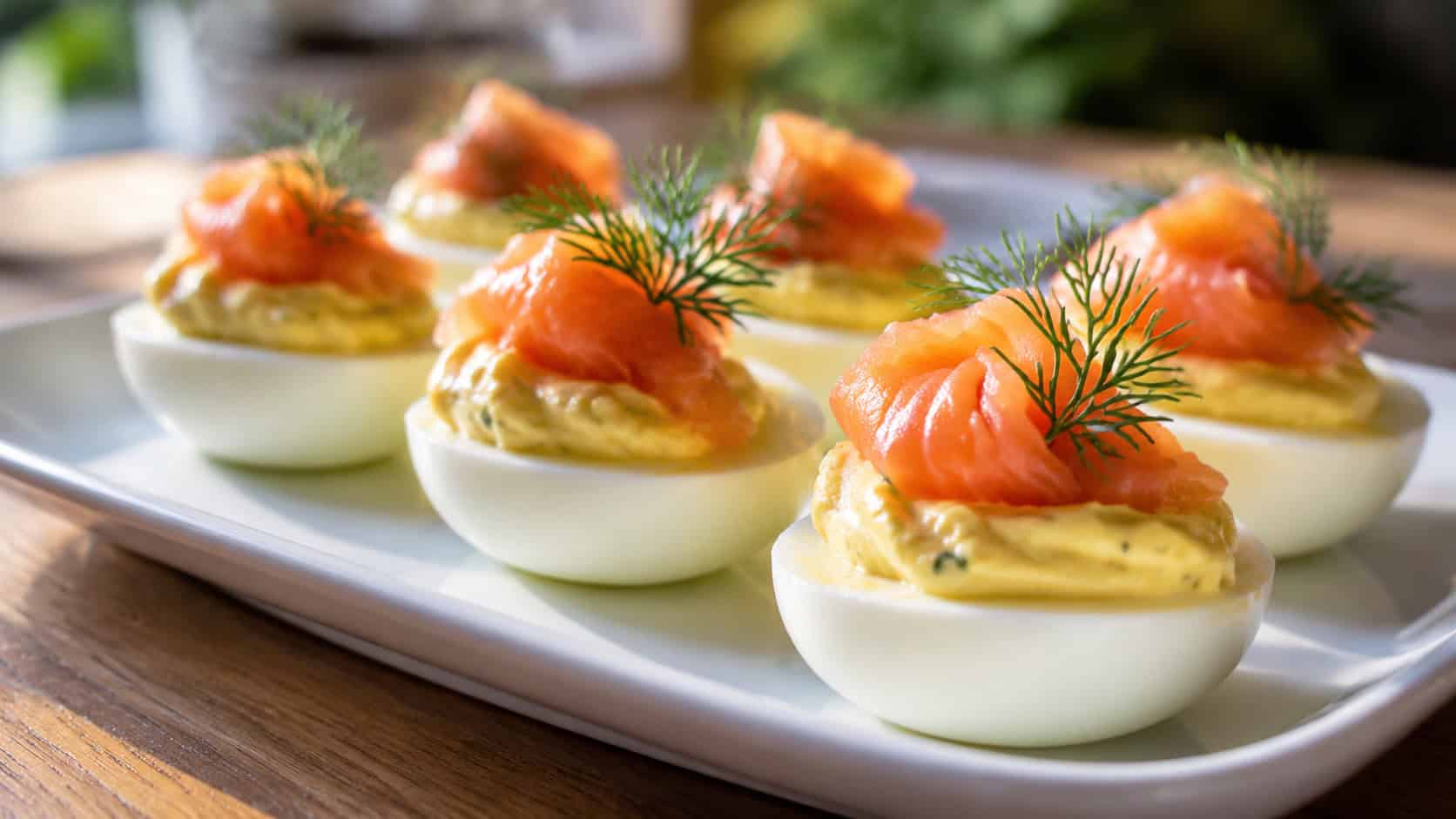 deviled eggs topped with smoked salmon and dill in a wide horizontal shot, arranged on a white serving plate over a wooden table, bright natural light, shallow depth of field, landscape orientation