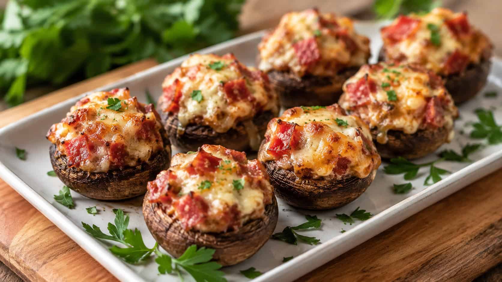 pepperoni-stuffed mushrooms with golden cheesy tops on a platter in a wide horizontal shot, garnished with parsley on a wooden board, warm savory light, shallow depth of field, landscape orientation