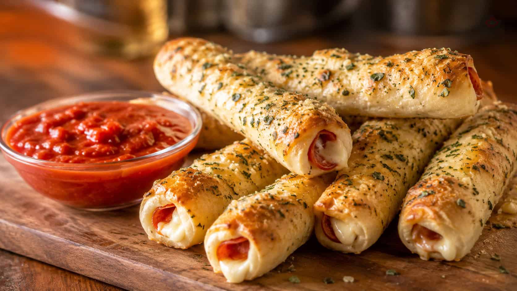 golden pepperoni-stuffed breadsticks brushed with garlic butter beside a bowl of marinara in a wide horizontal shot, on a wooden board, warm inviting light, shallow depth of field, landscape orientation