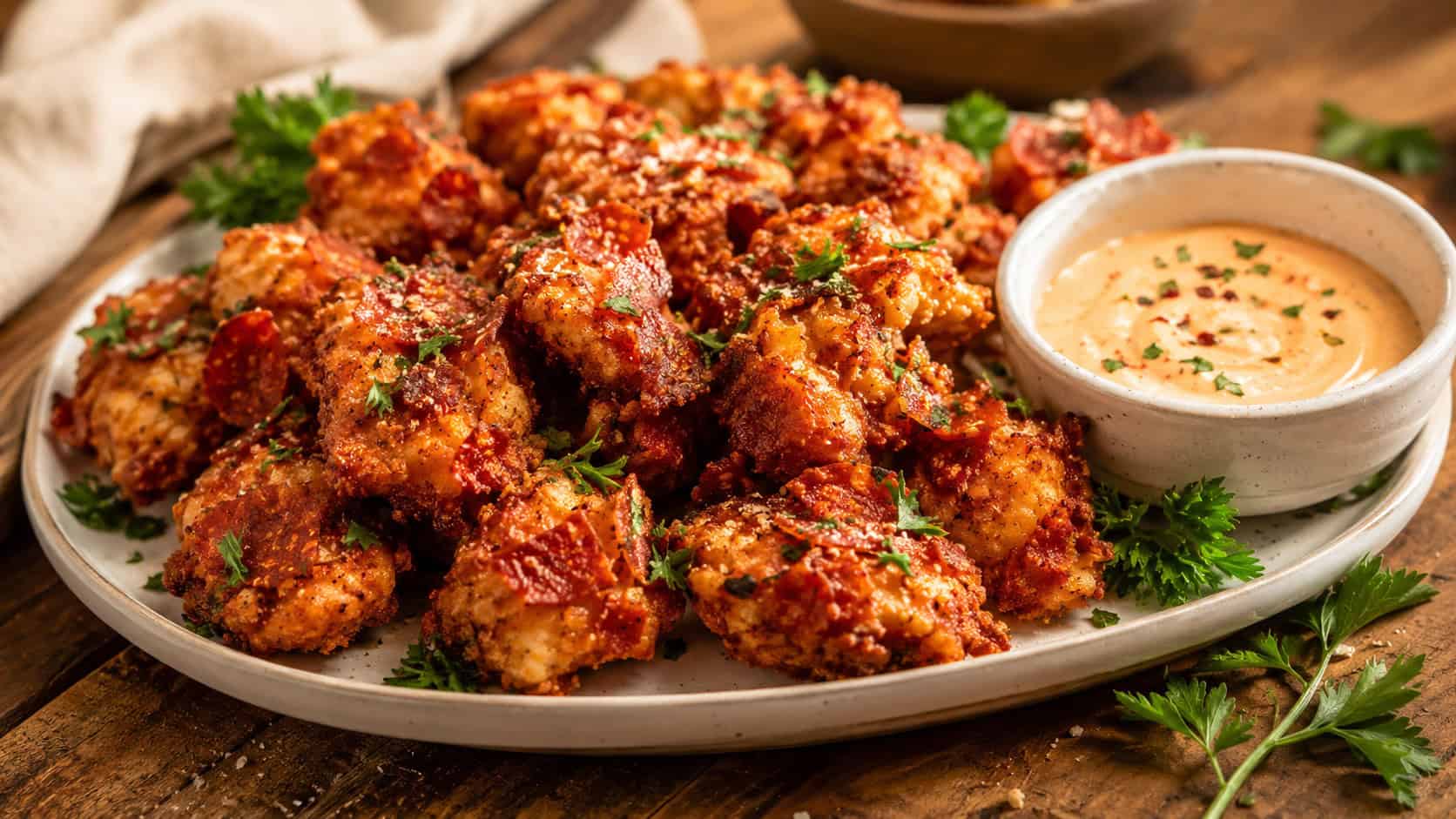 crispy golden pepperoni-crusted chicken bites piled on a platter with a dipping sauce in a wide horizontal shot, on a rustic table with parsley, warm appetizing light, shallow depth of field, landscape orientation