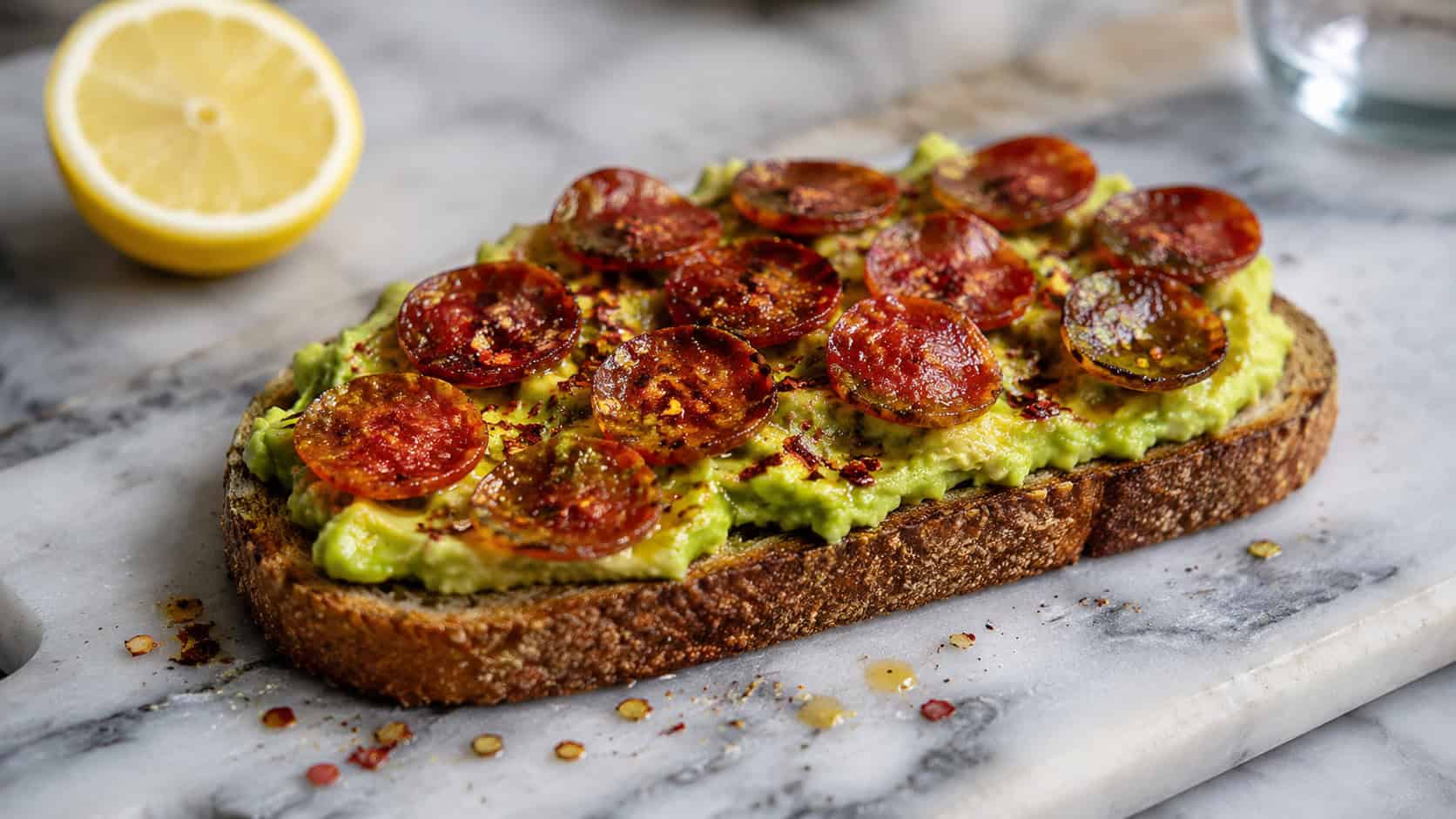 avocado toast topped with crispy pepperoni and chili flakes in a wide horizontal shot, on a marble board with a lemon half nearby, bright fresh light, shallow depth of field, landscape orientation