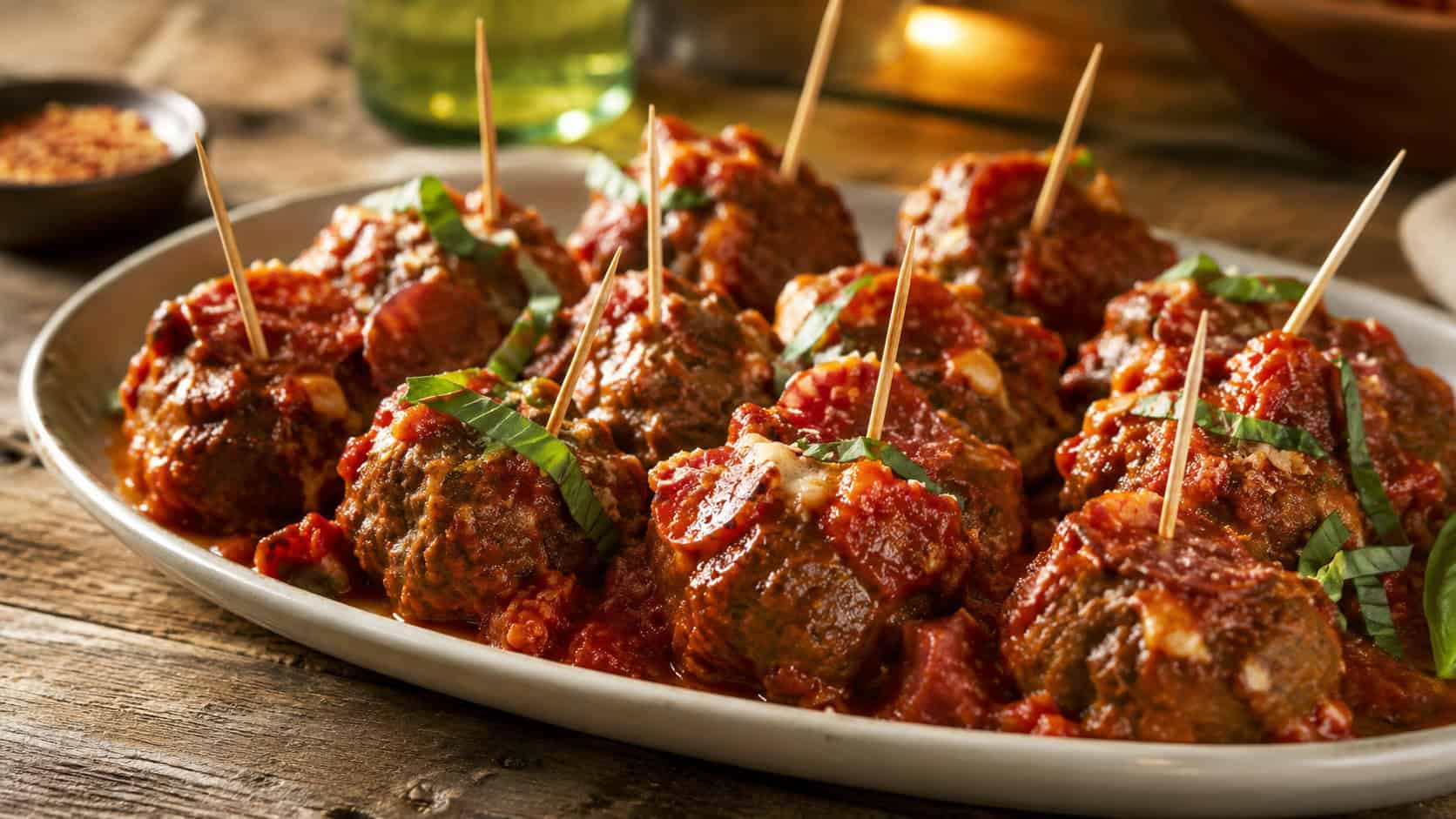 saucy pepperoni meatballs glistening in marinara on a platter in a wide horizontal shot, garnished with basil and toothpicks on a rustic table, warm cozy light, shallow depth of field, landscape orientation
