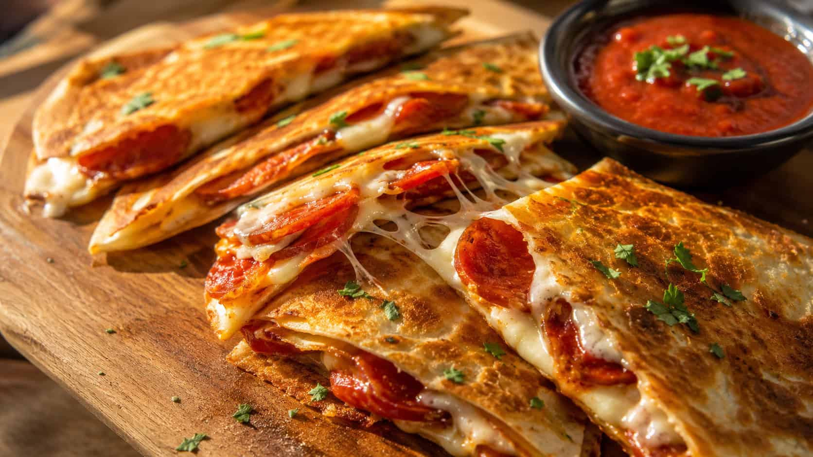 crispy pepperoni quesadilla wedges with melty cheese pulling apart in a wide horizontal shot, fanned on a board with a bowl of marinara, warm golden light, shallow depth of field, landscape orientation