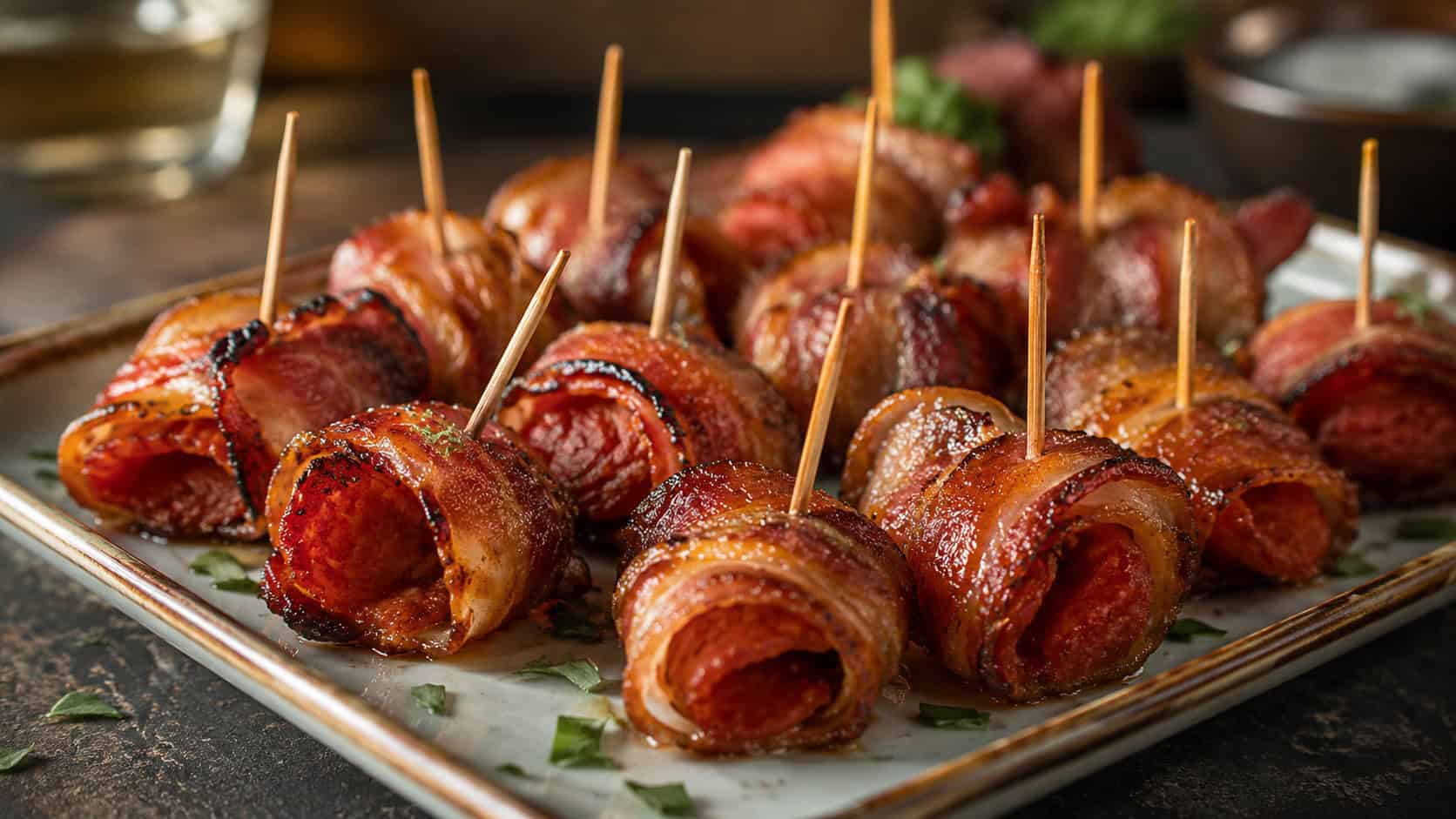 bacon-wrapped pepperoni bites with crisp glazed bacon on a platter in a wide horizontal shot, on a dark board with toothpicks, warm savory light, shallow depth of field, landscape orientation