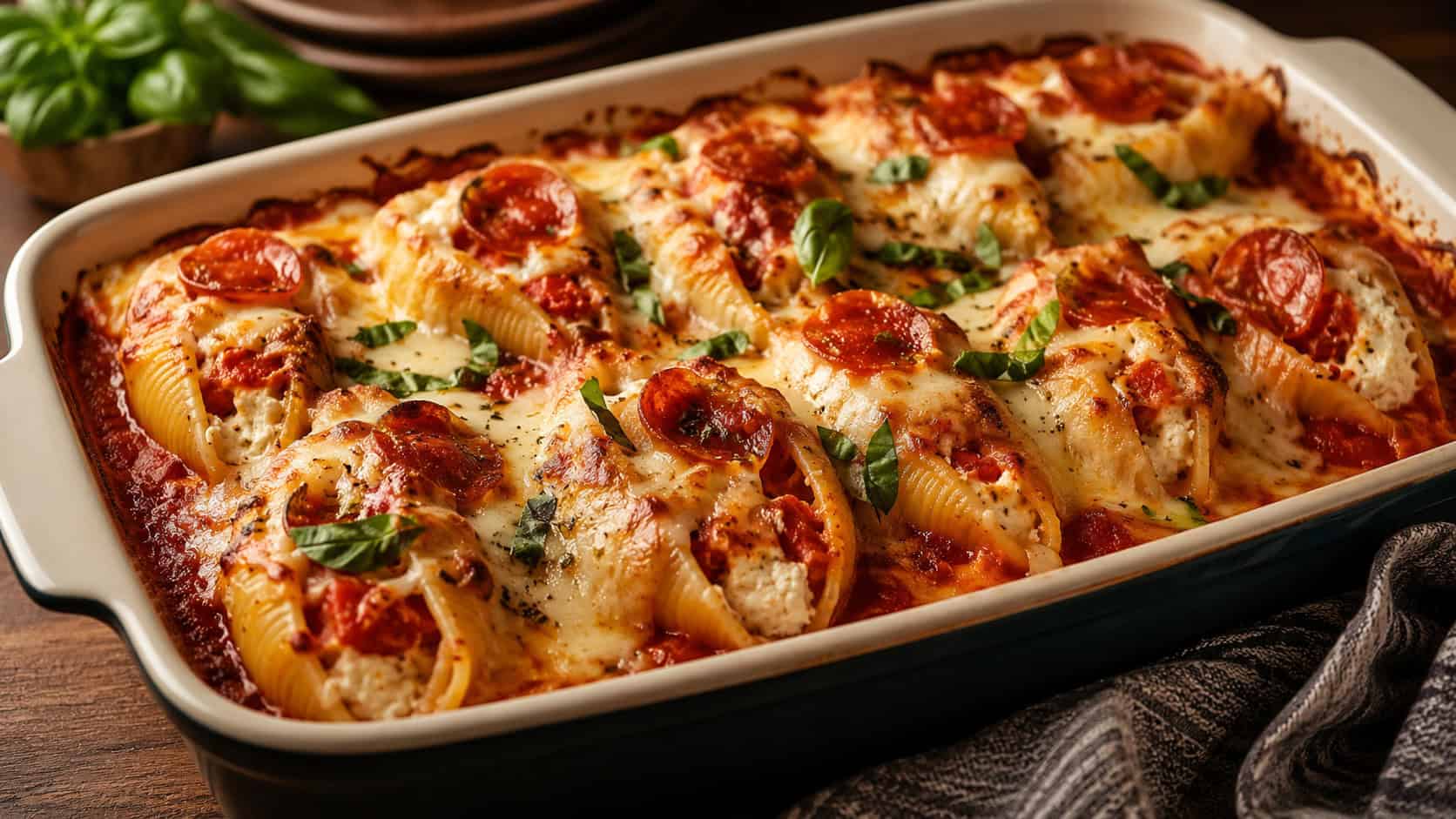 pepperoni ricotta stuffed shells bubbling in marinara with melted cheese in a wide horizontal shot, in a baking dish with basil on a wooden table, warm cozy light, shallow depth of field, landscape orientation