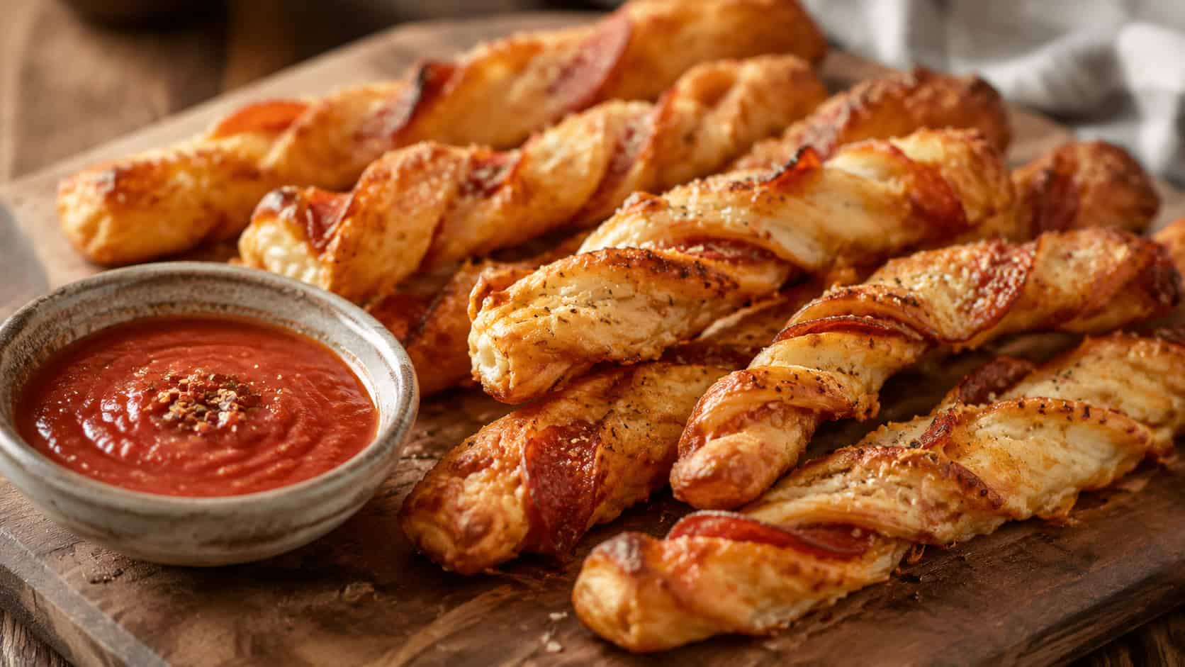 golden flaky pepperoni puff pastry twists arranged on a board in a wide horizontal shot, with a small bowl of marinara nearby, warm bakery light, shallow depth of field, landscape orientation