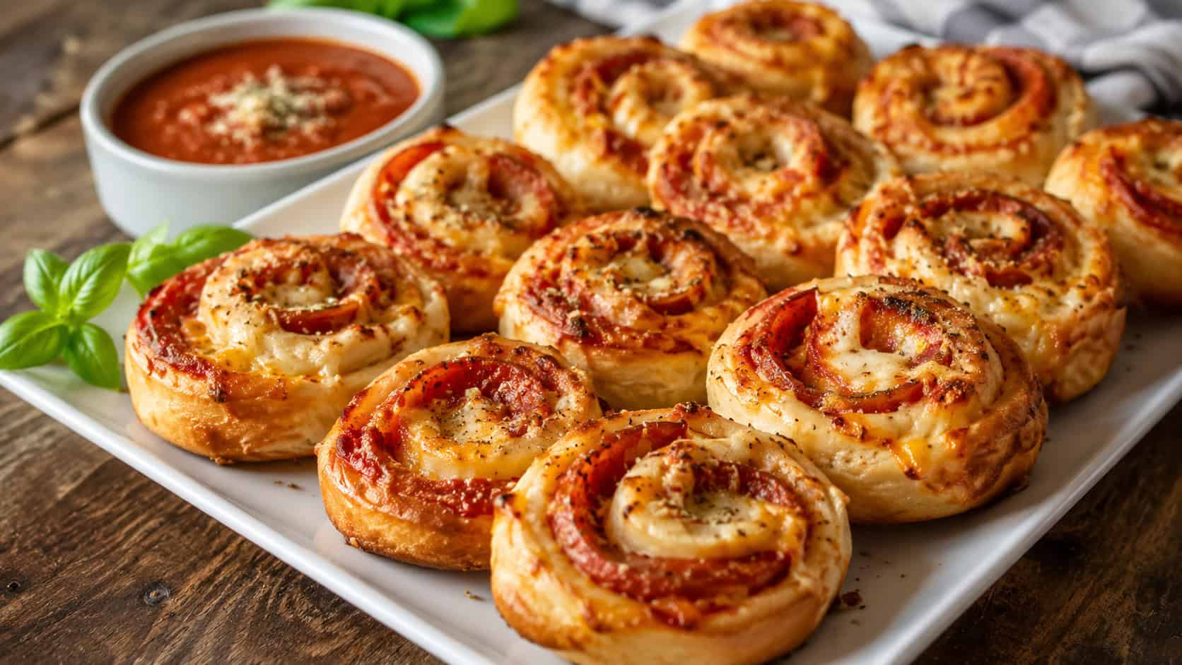 golden pepperoni cheese pinwheels arranged on a platter in a wide horizontal shot, with a small bowl of marinara on a rustic table, warm appetizing light, shallow depth of field, landscape orientation