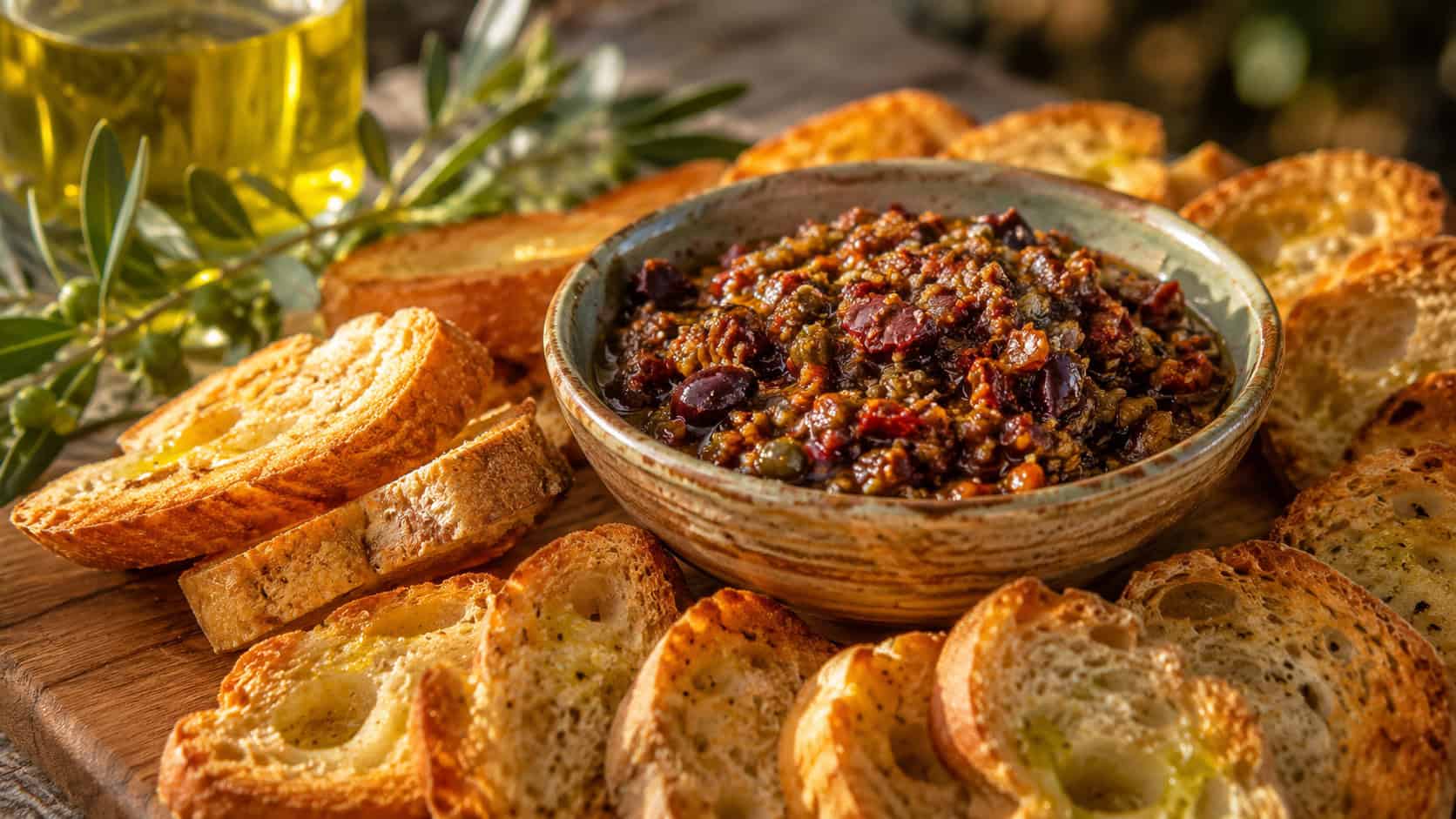 a rustic bowl of pepperoni olive tapenade surrounded by crisp crostini in a wide horizontal shot, on a wooden board with a drizzle of olive oil, warm Mediterranean light, shallow depth of field, landscape orientation