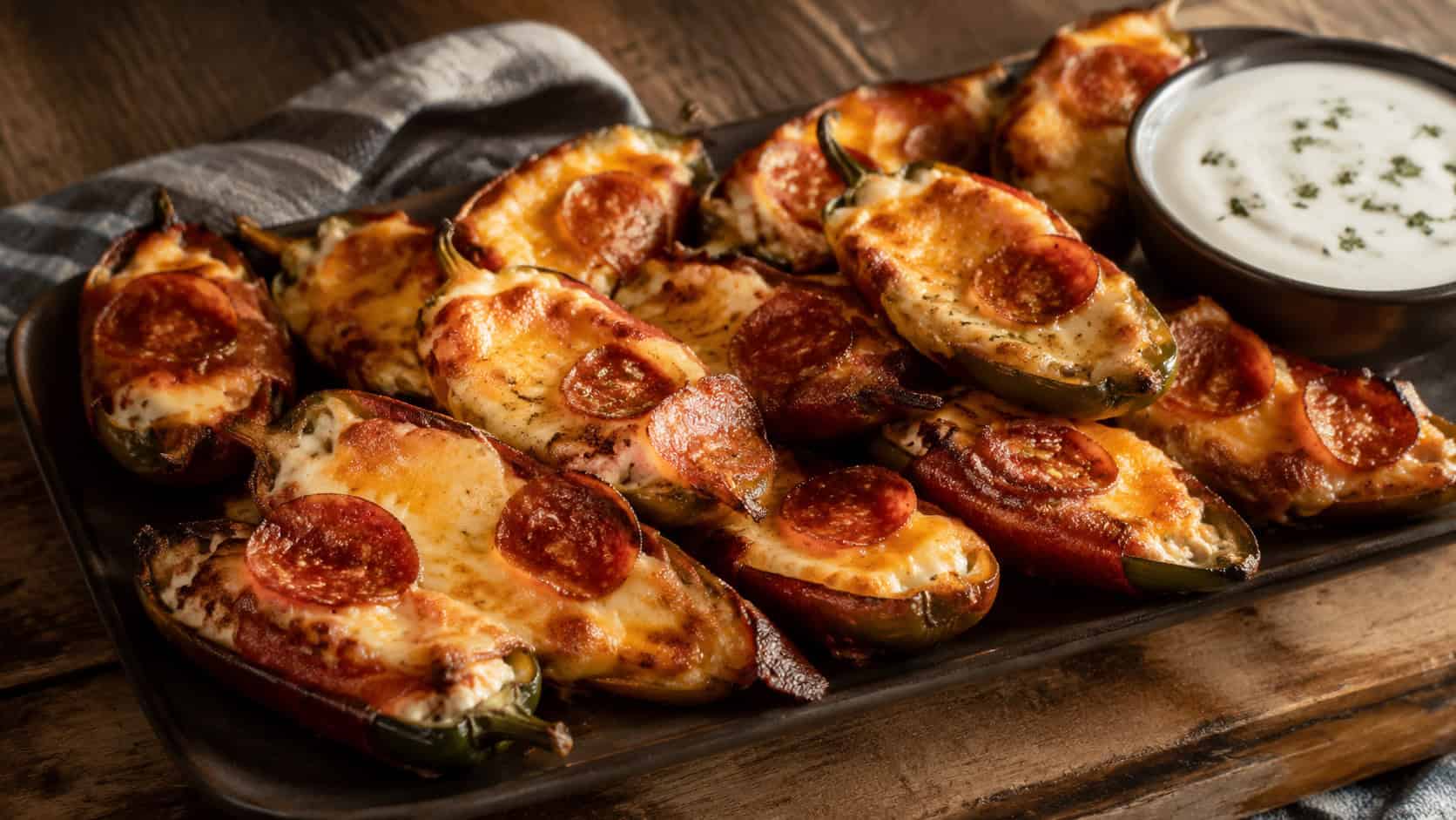 pepperoni jalapeno poppers with golden bubbly cheese tops on a platter in a wide horizontal shot, on a rustic board with a cool dipping sauce, warm spicy light, shallow depth of field, landscape orientation