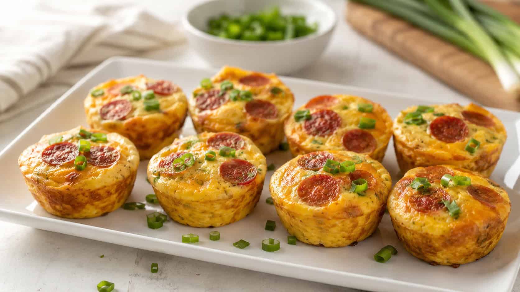 golden mini pepperoni frittatas arranged on a platter in a wide horizontal shot, with flecks of green onion on a bright table, fresh morning light, shallow depth of field, landscape orientation
