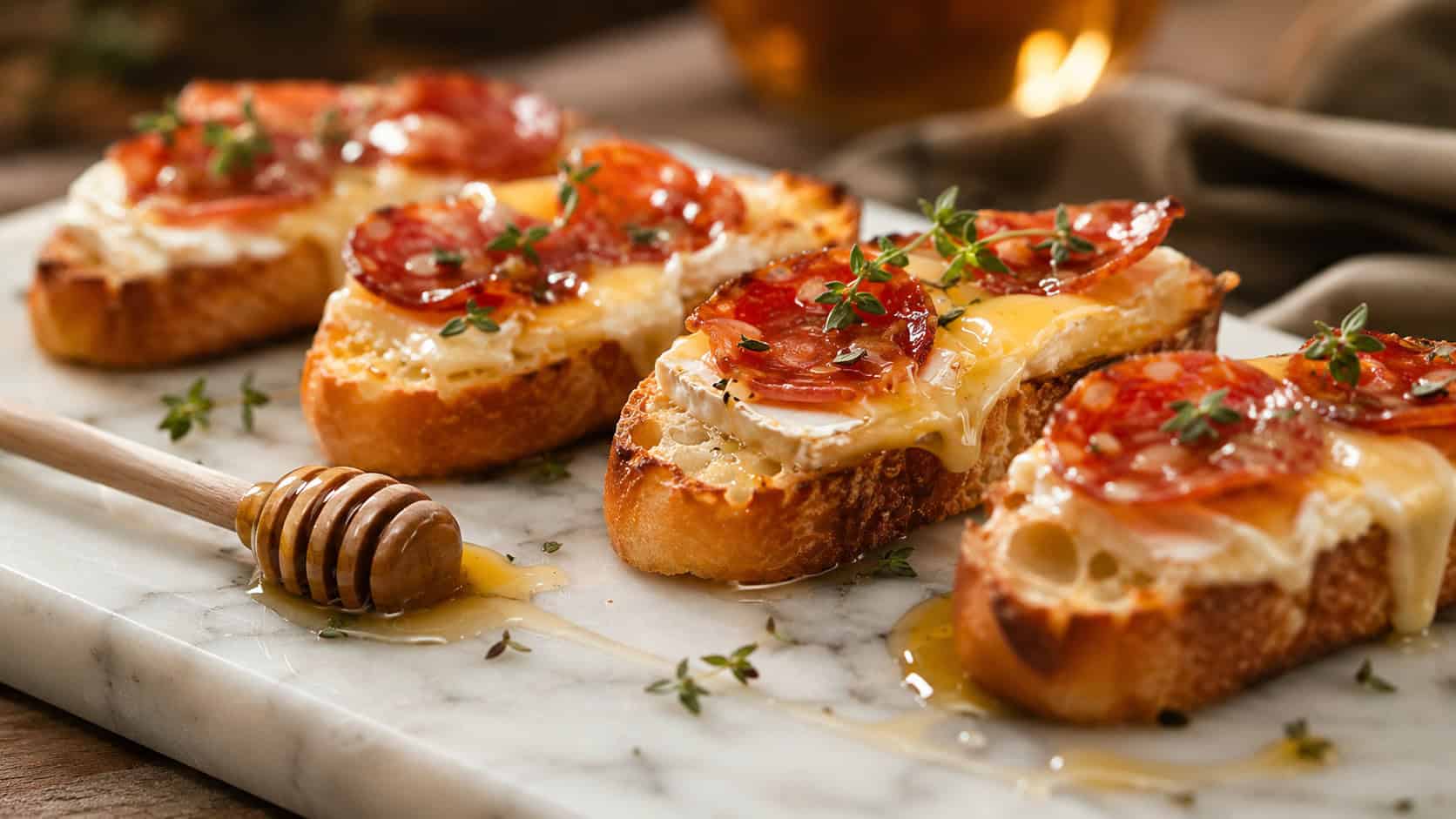 pepperoni and melted brie crostini drizzled with honey and thyme in a wide horizontal shot, lined on a marble board with a honey dipper, warm cozy light, shallow depth of field, landscape orientation